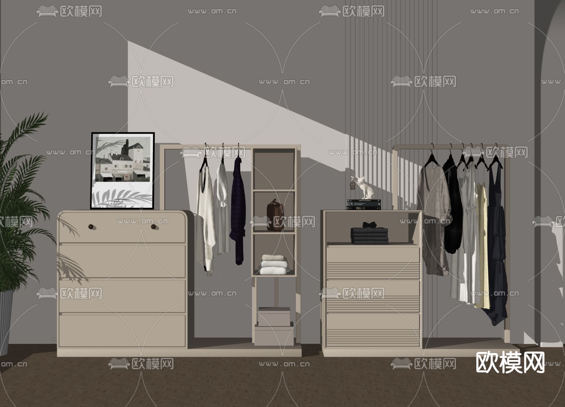 奶油风衣帽架 置物柜su模型下载（渲染图2）