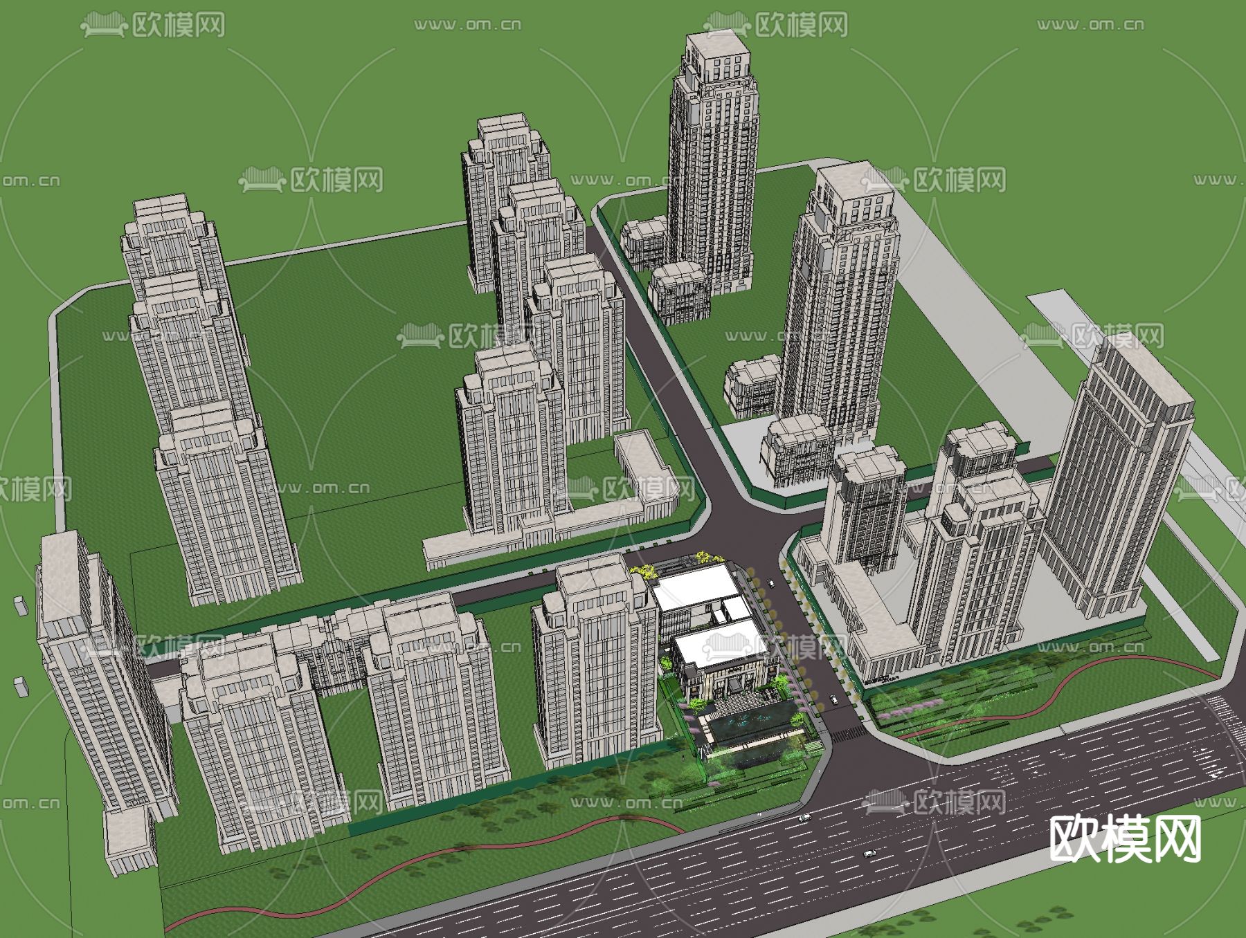 现代高层住宅鸟瞰su模型下载（渲染图3）