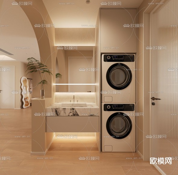 奶油风客厅 餐厅3d模型下载(渲染图5)