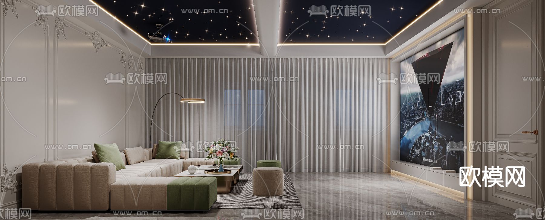 法式影音室 视听室 家庭影院3d模型下载（渲染图1）