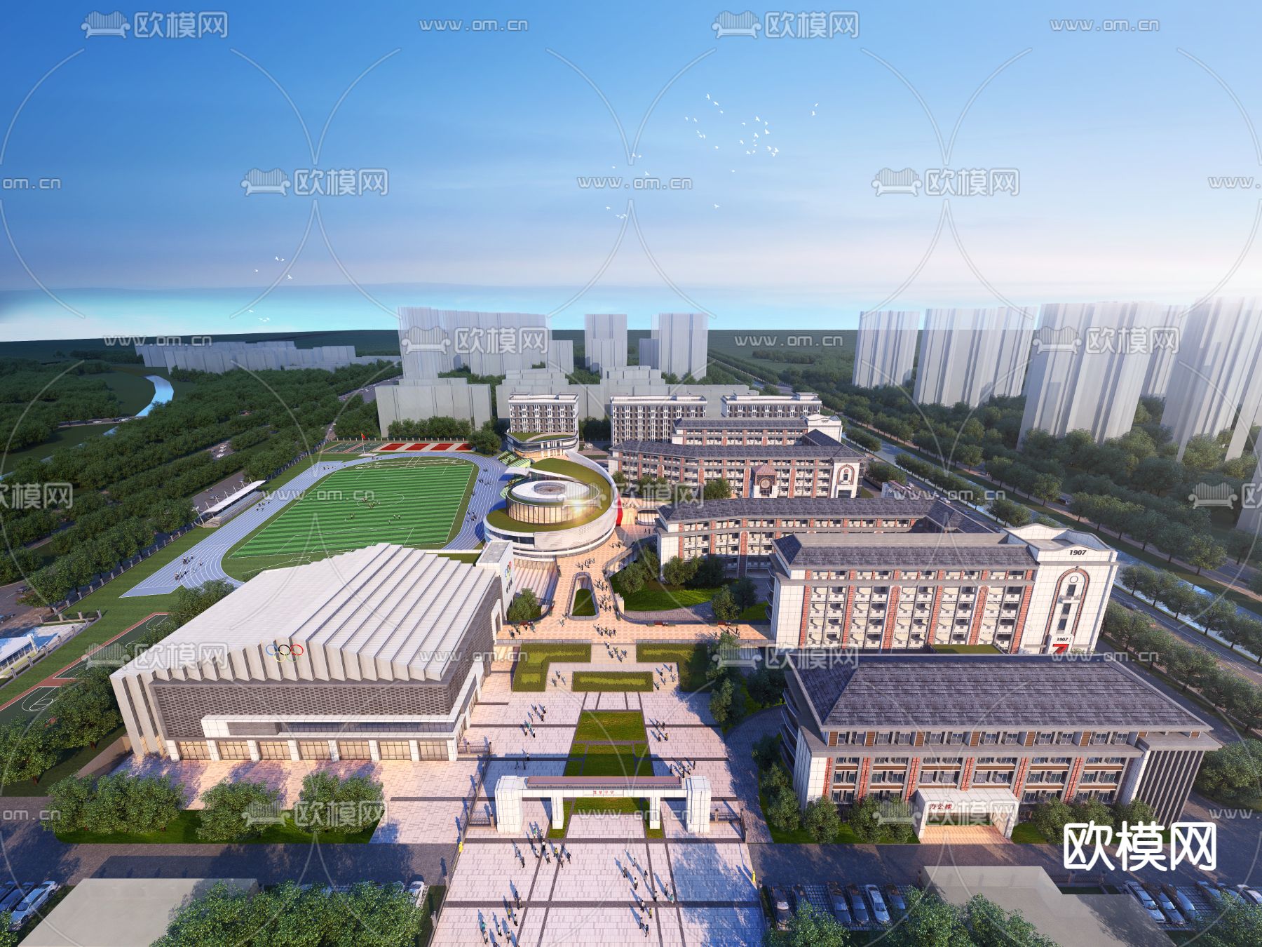 中式学校鸟瞰3d模型下载