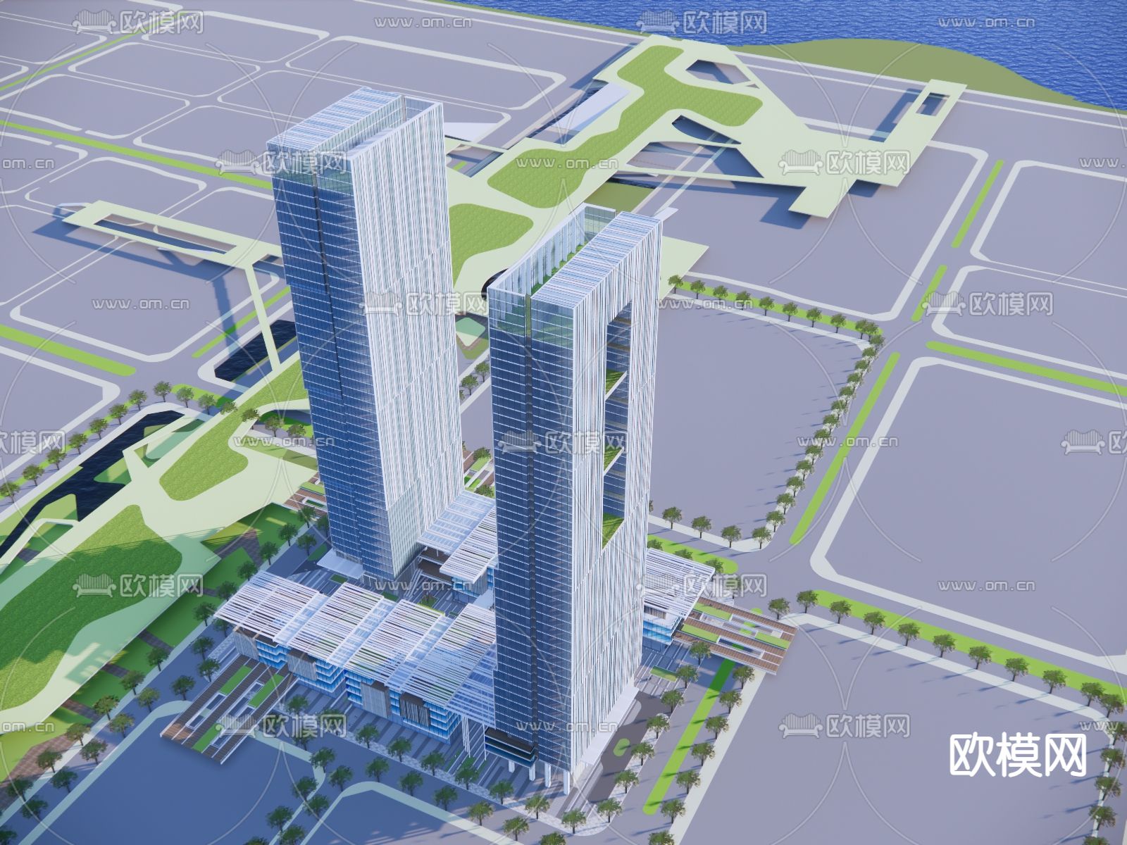 办公建筑 高层办公楼鸟瞰su模型下载（渲染图1）