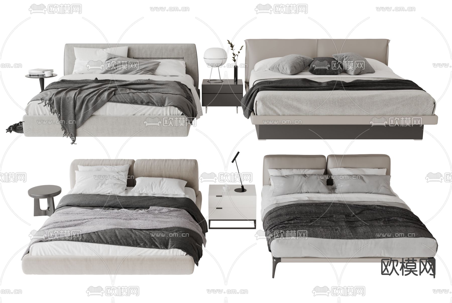 高级灰双人床3d模型下载