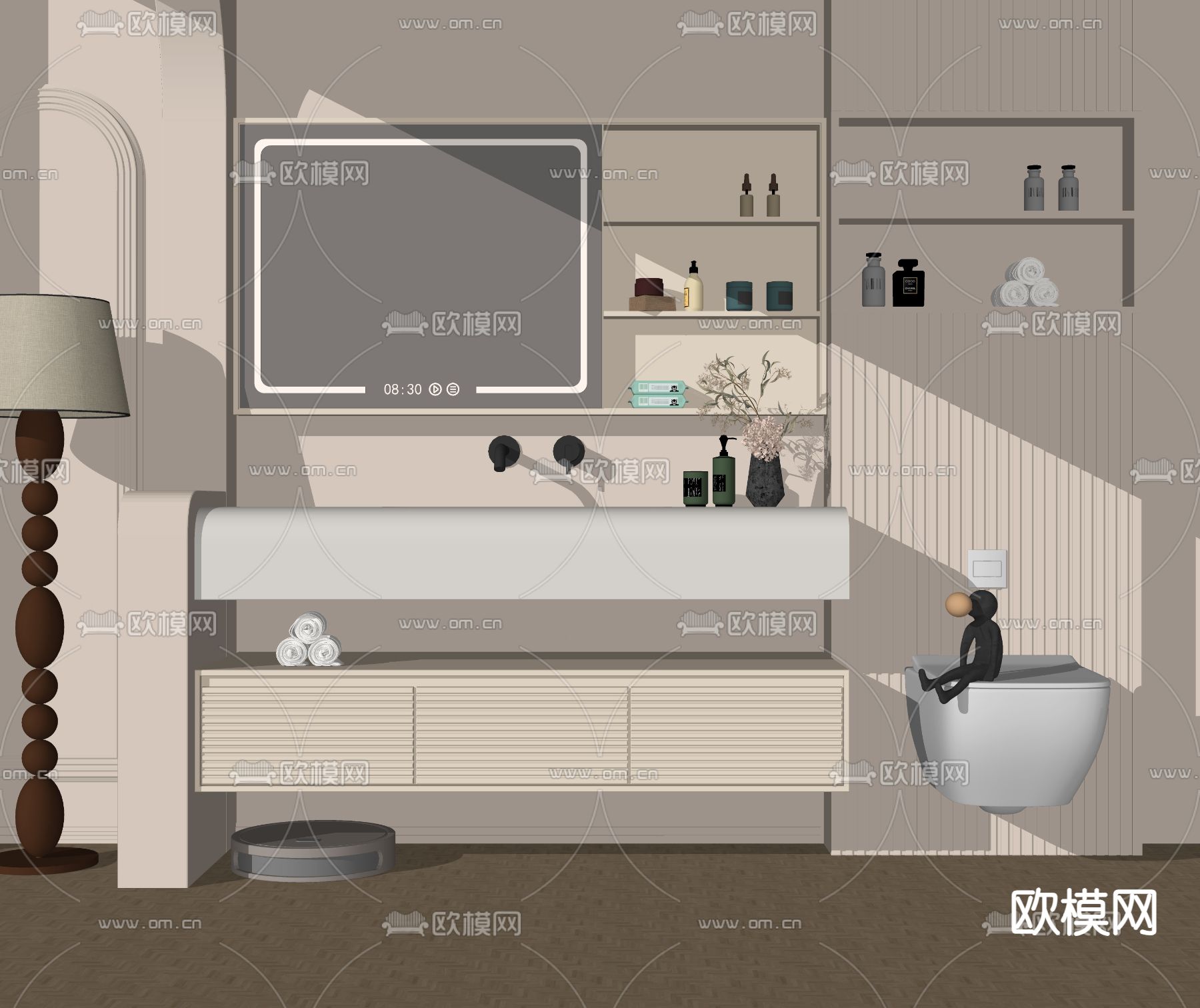 奶油风浴室柜 洗手台su模型下载（渲染图2）
