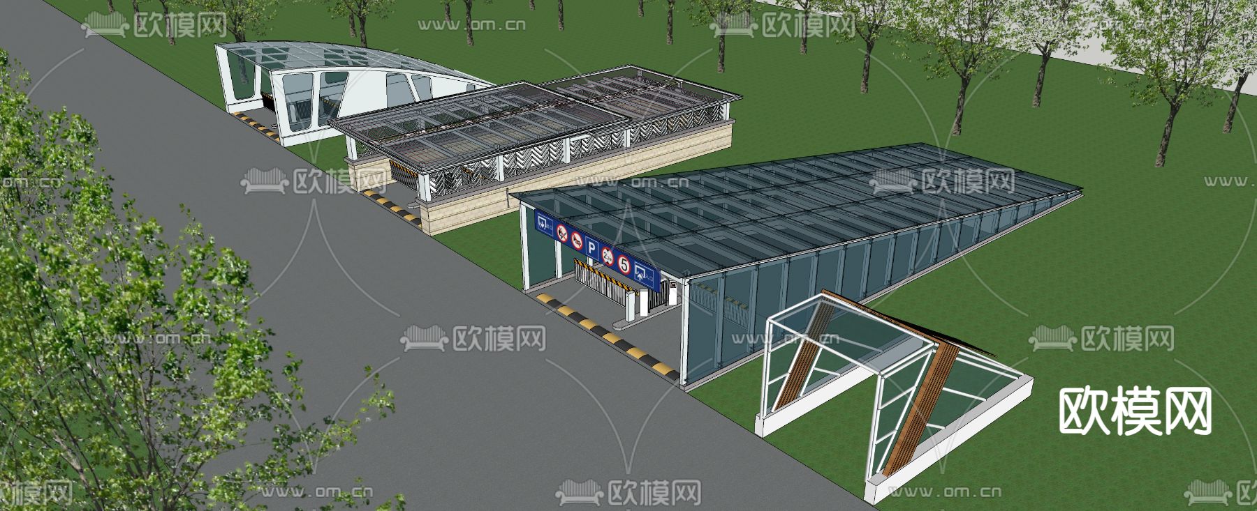 停车场门闸 车库入口su模型下载（渲染图2）