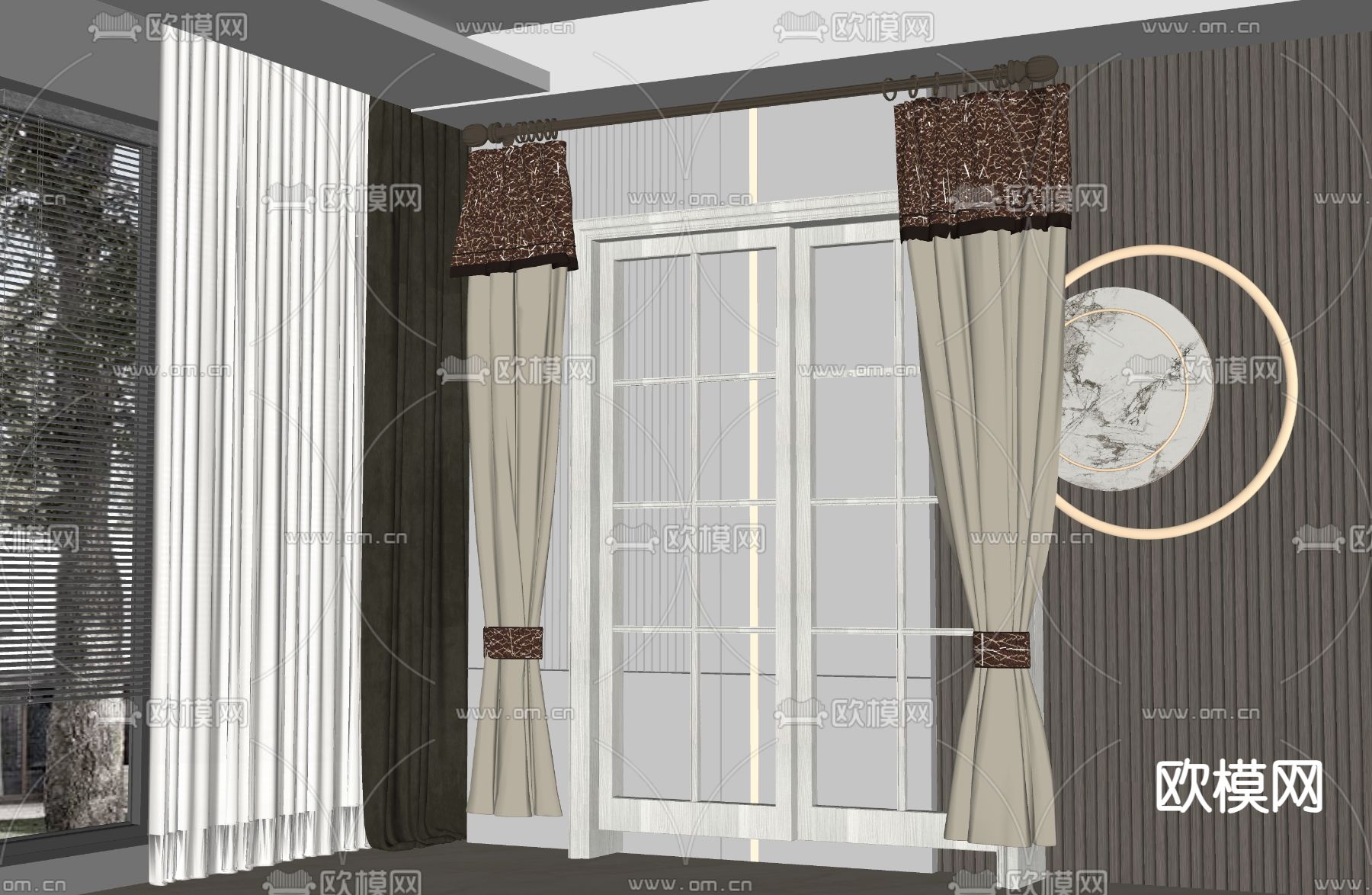 简欧窗帘 格子窗帘 窗框 窗帘杆su模型下载（渲染图2）