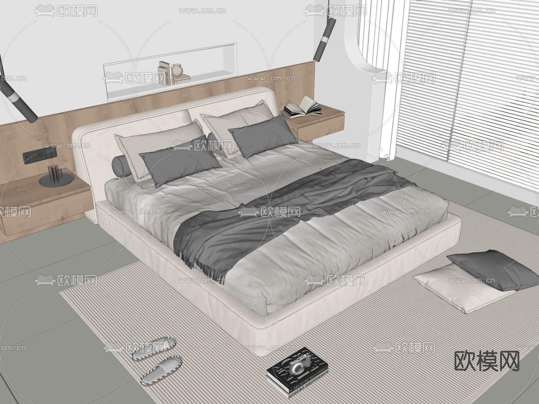 现代双人床su模型下载（渲染图2）