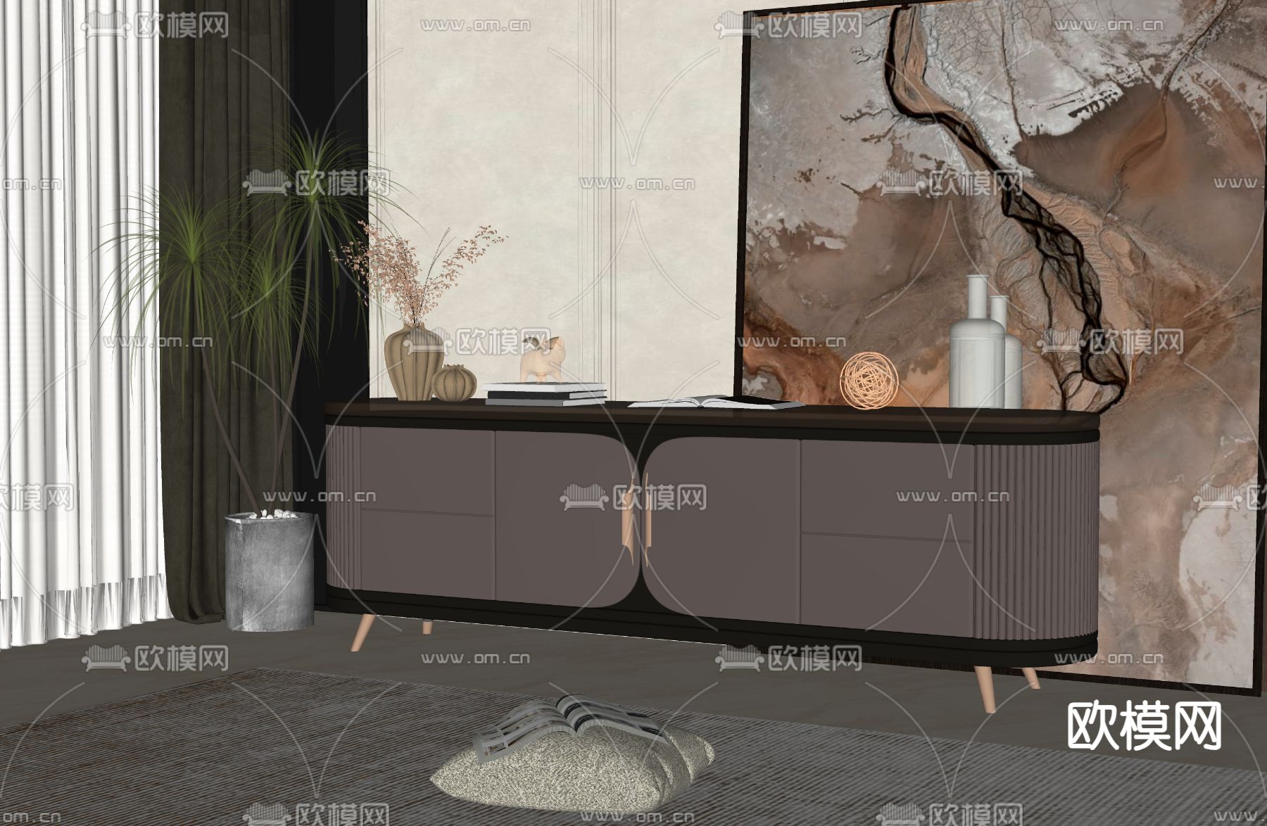 简欧电视柜su模型下载（渲染图2）