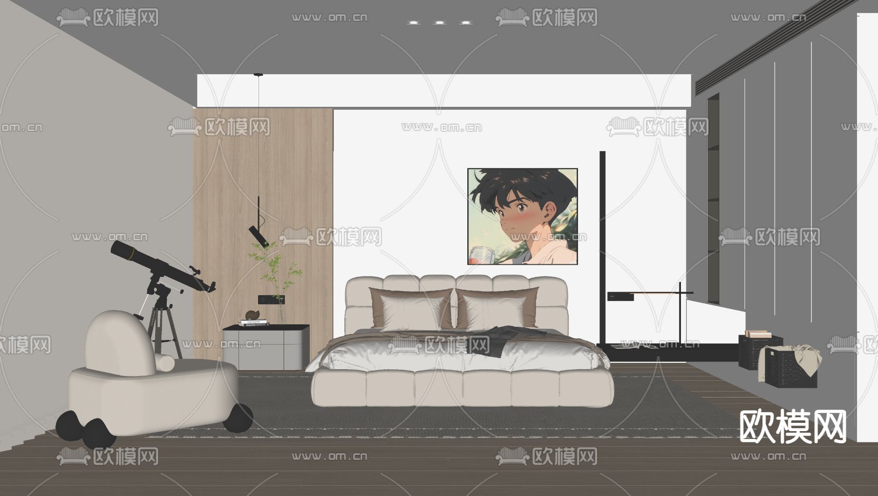 奶油风卧室 主人房su模型下载（渲染图2）