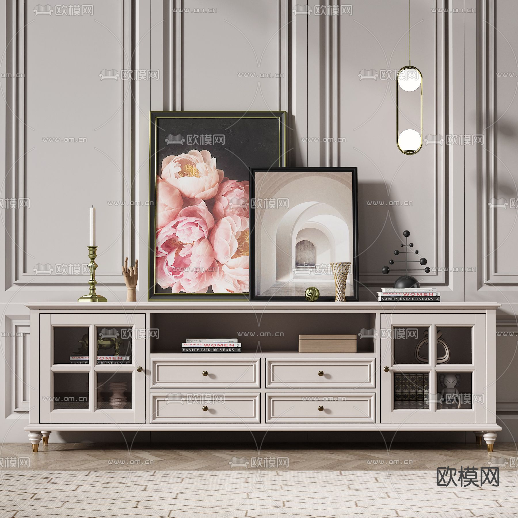 美式电视柜su模型下载（渲染图1）