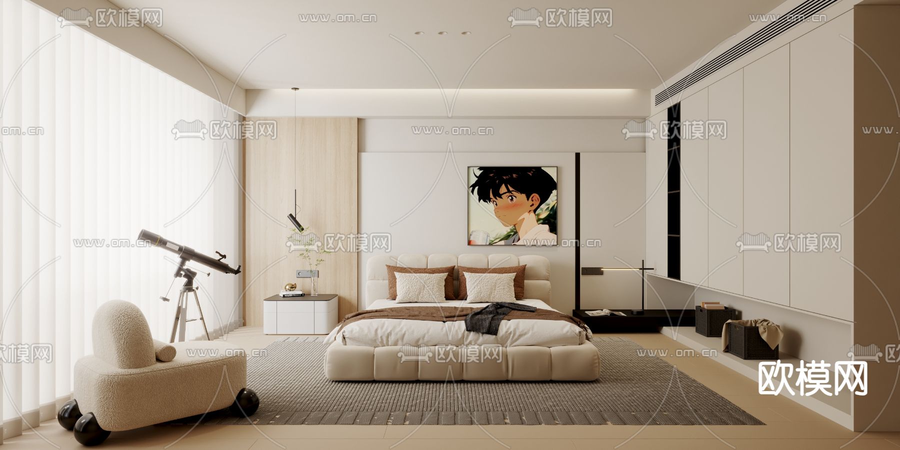 奶油风卧室 主人房su模型下载（渲染图1）