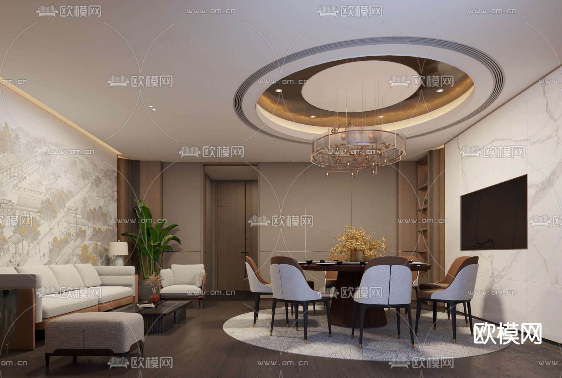 新中式酒店包厢su模型下载（渲染图1）