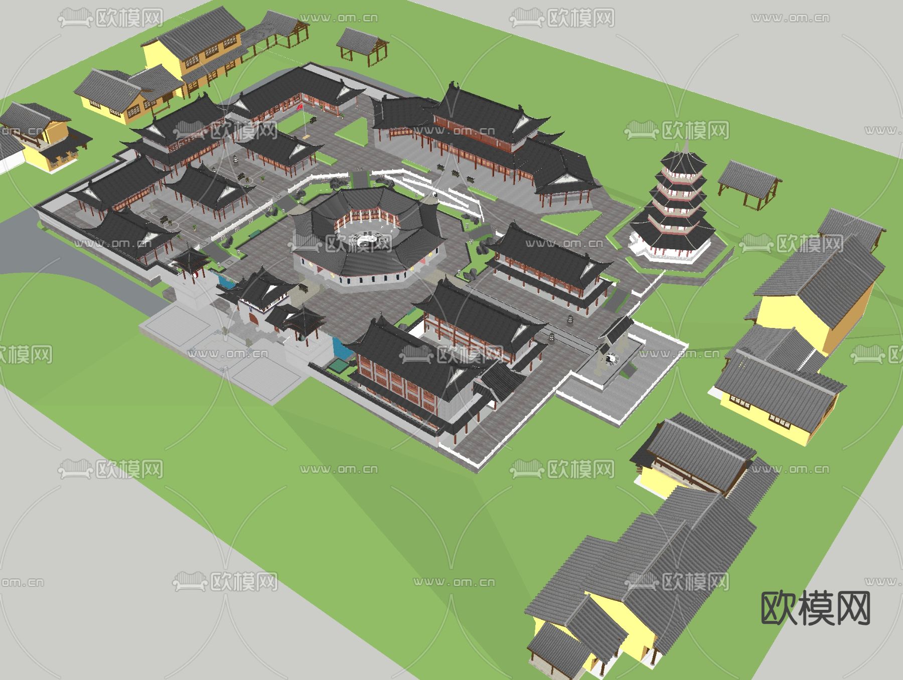 中式古建 寺庙鸟瞰su模型下载（渲染图2）