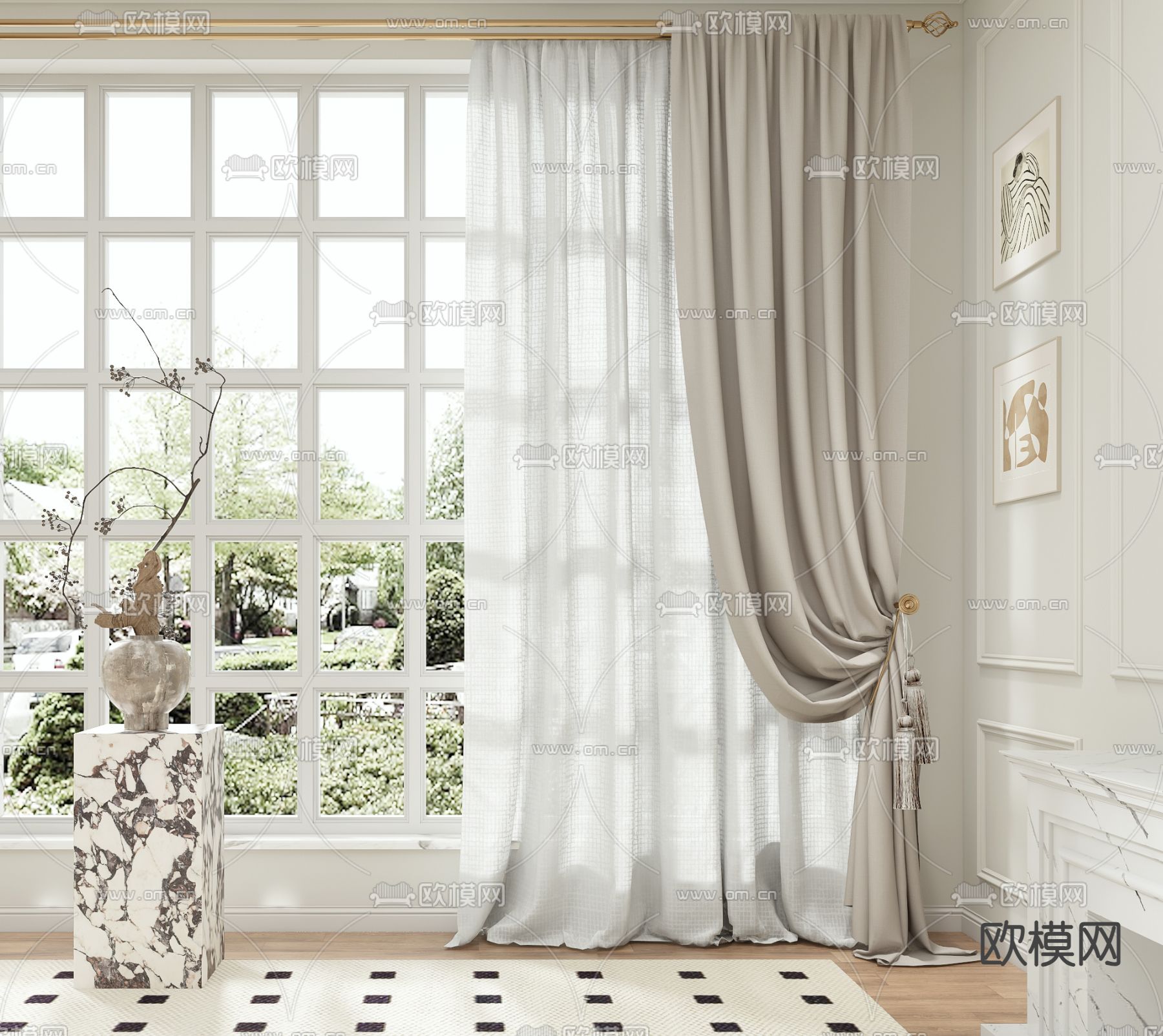 法式布艺窗帘su模型下载（渲染图1）
