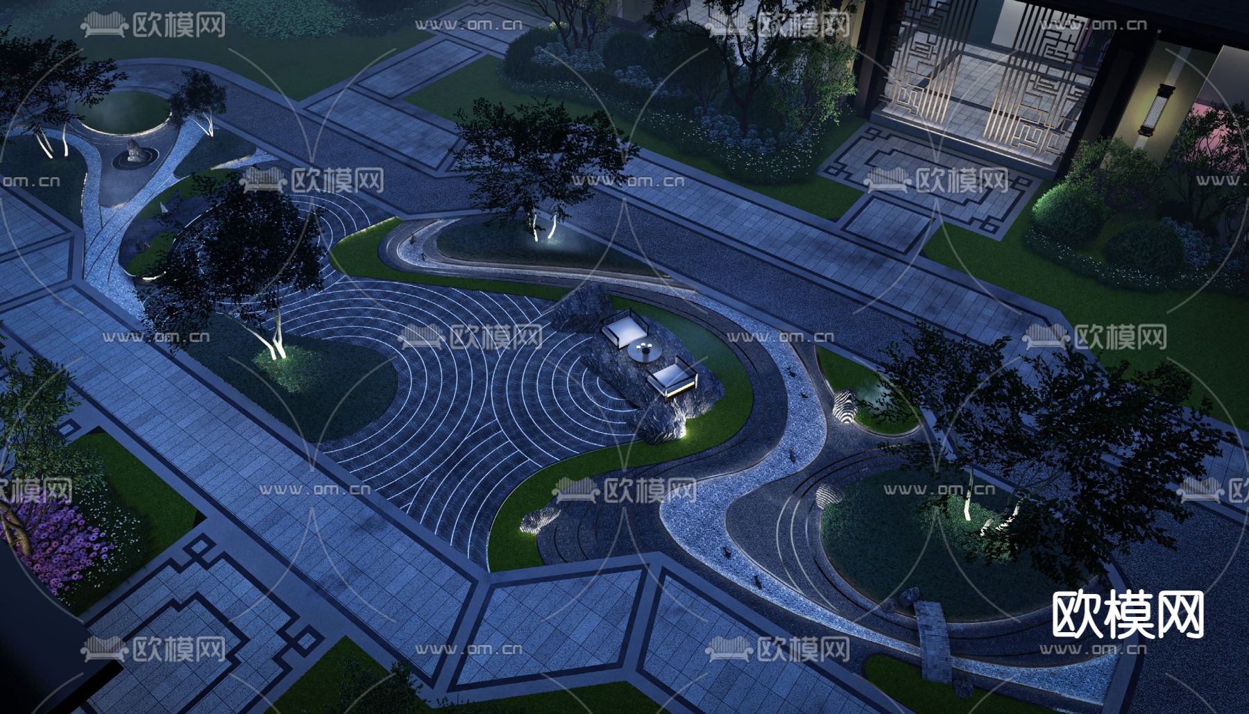 庭院夜景su模型下载（渲染图2）