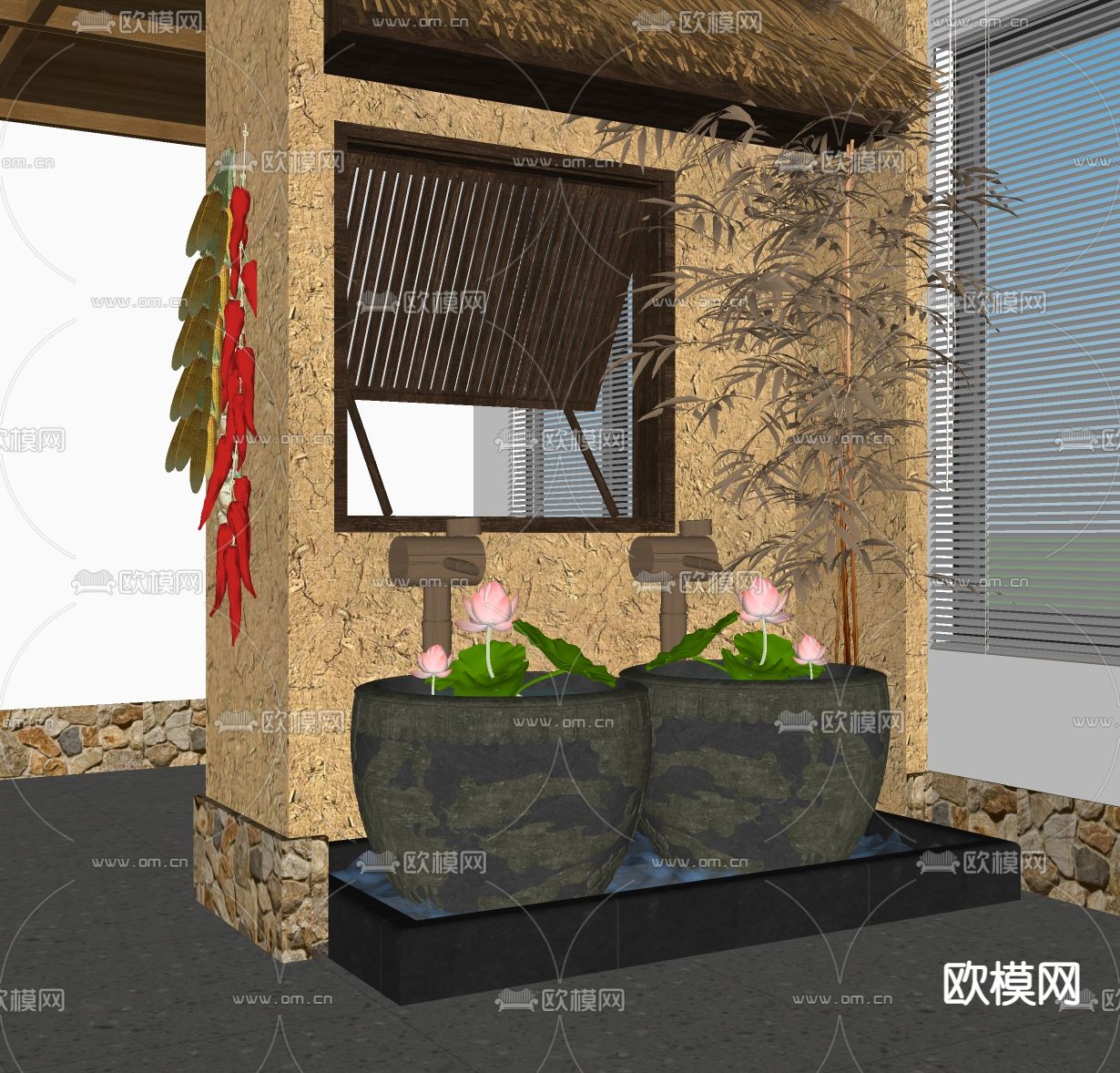 中式荷花石缸水景小品su模型下载（渲染图2）