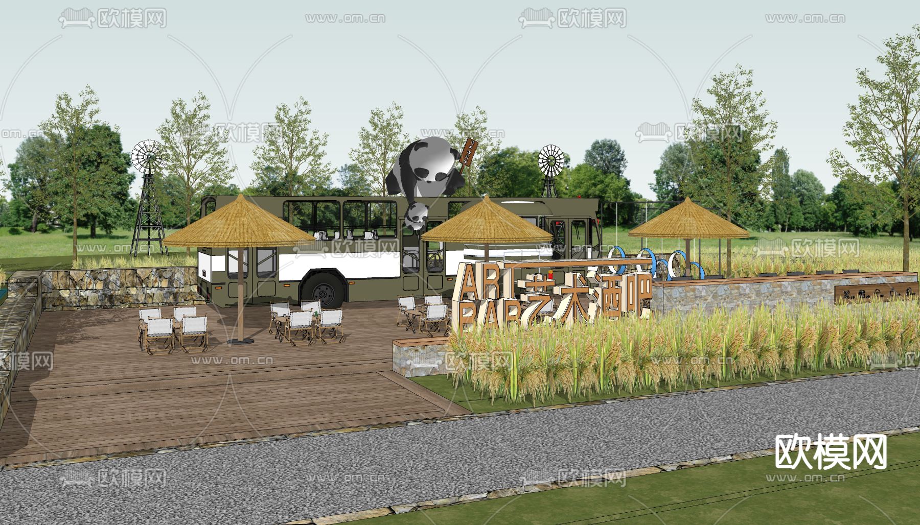 稻田火车酒吧su模型下载（渲染图2）