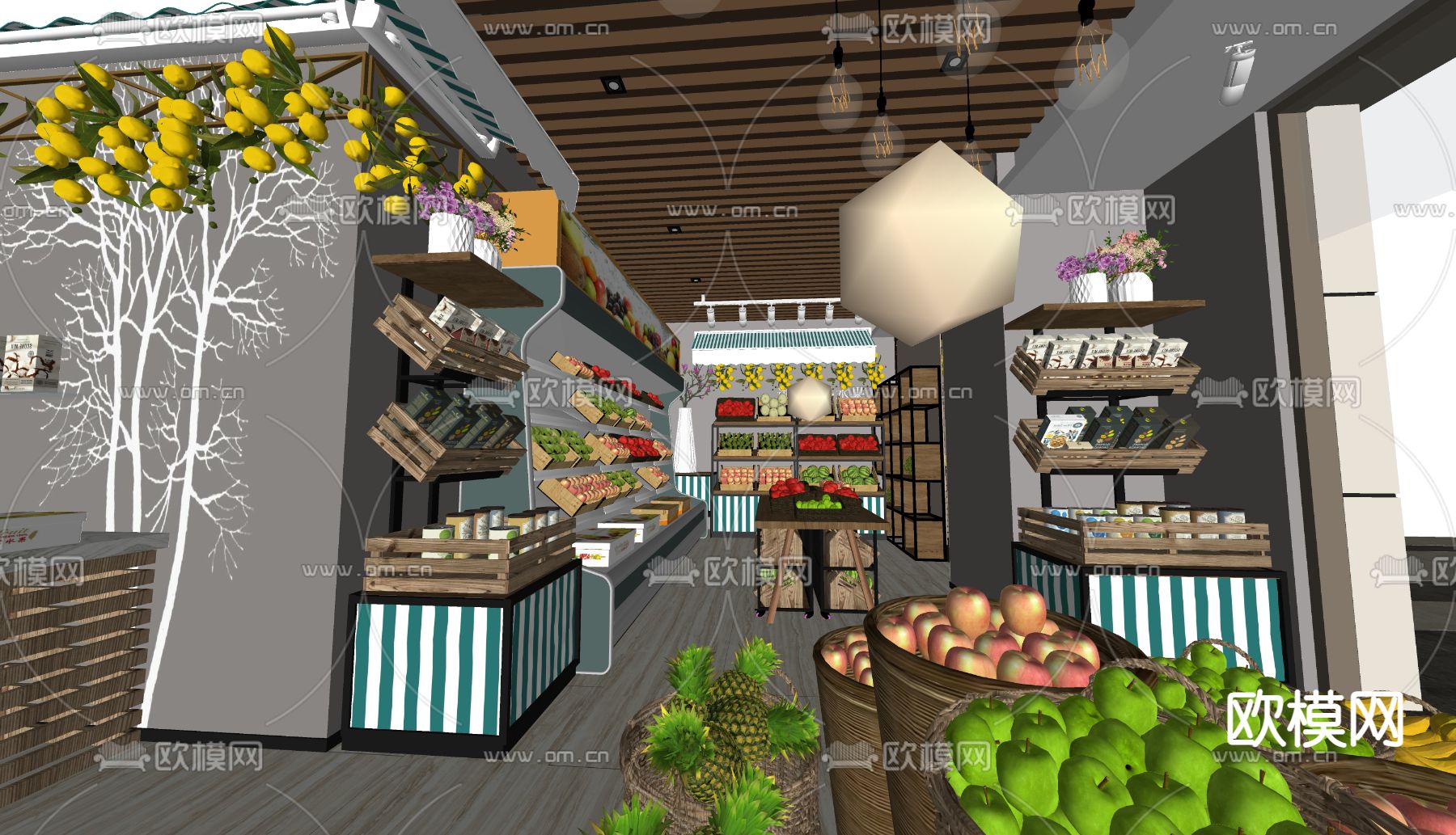 水果店 柜台货架 冷柜su模型下载（渲染图3）