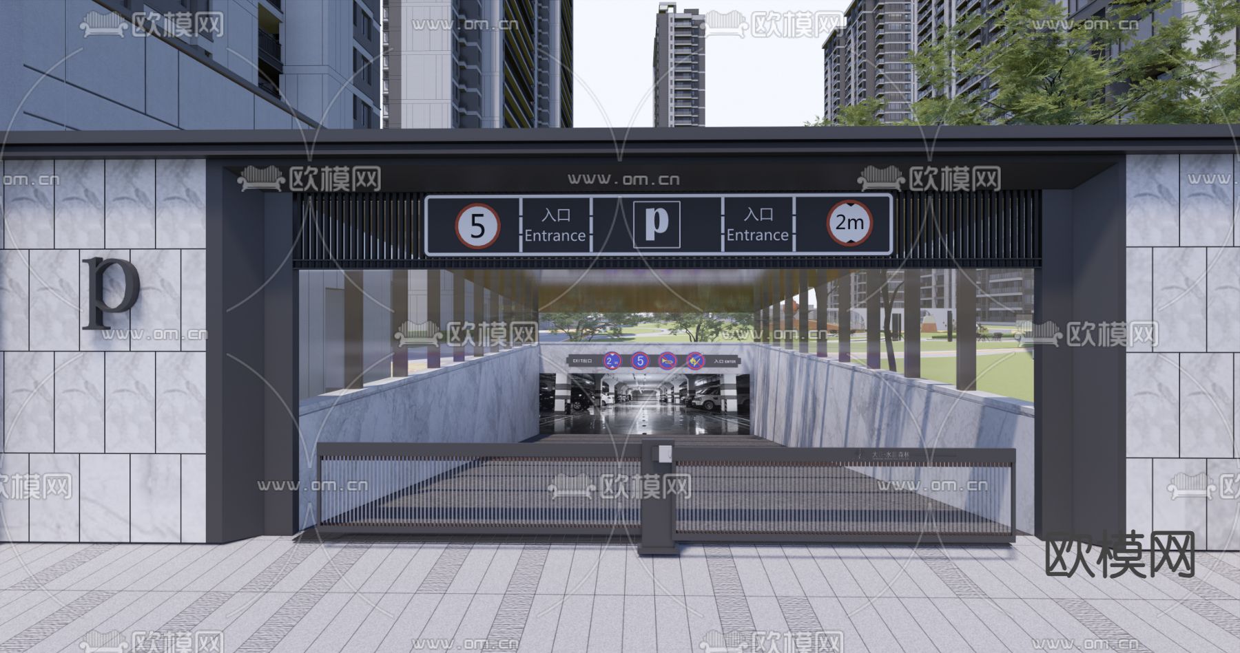 现代住宅小区地库入口su模型下载_ID14167541_sketchup模型下载-欧模网