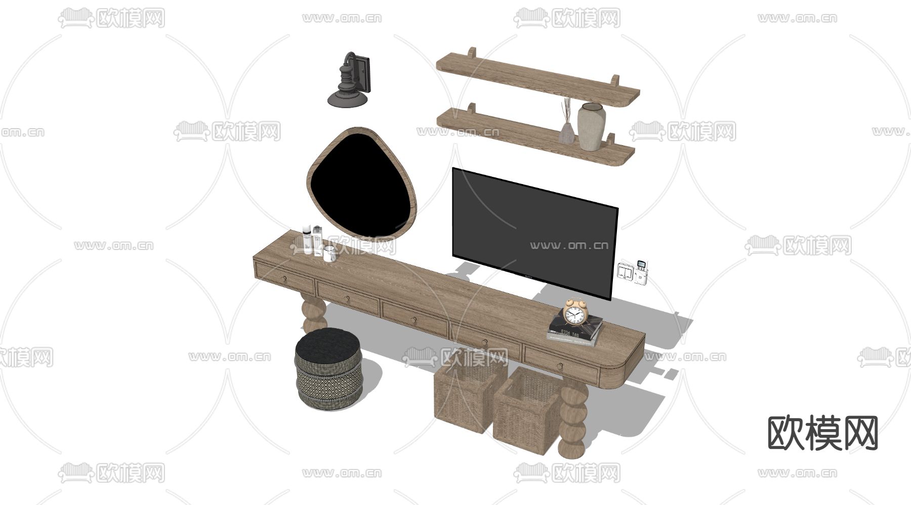 侘寂实木梳妆台su模型下载（渲染图3）