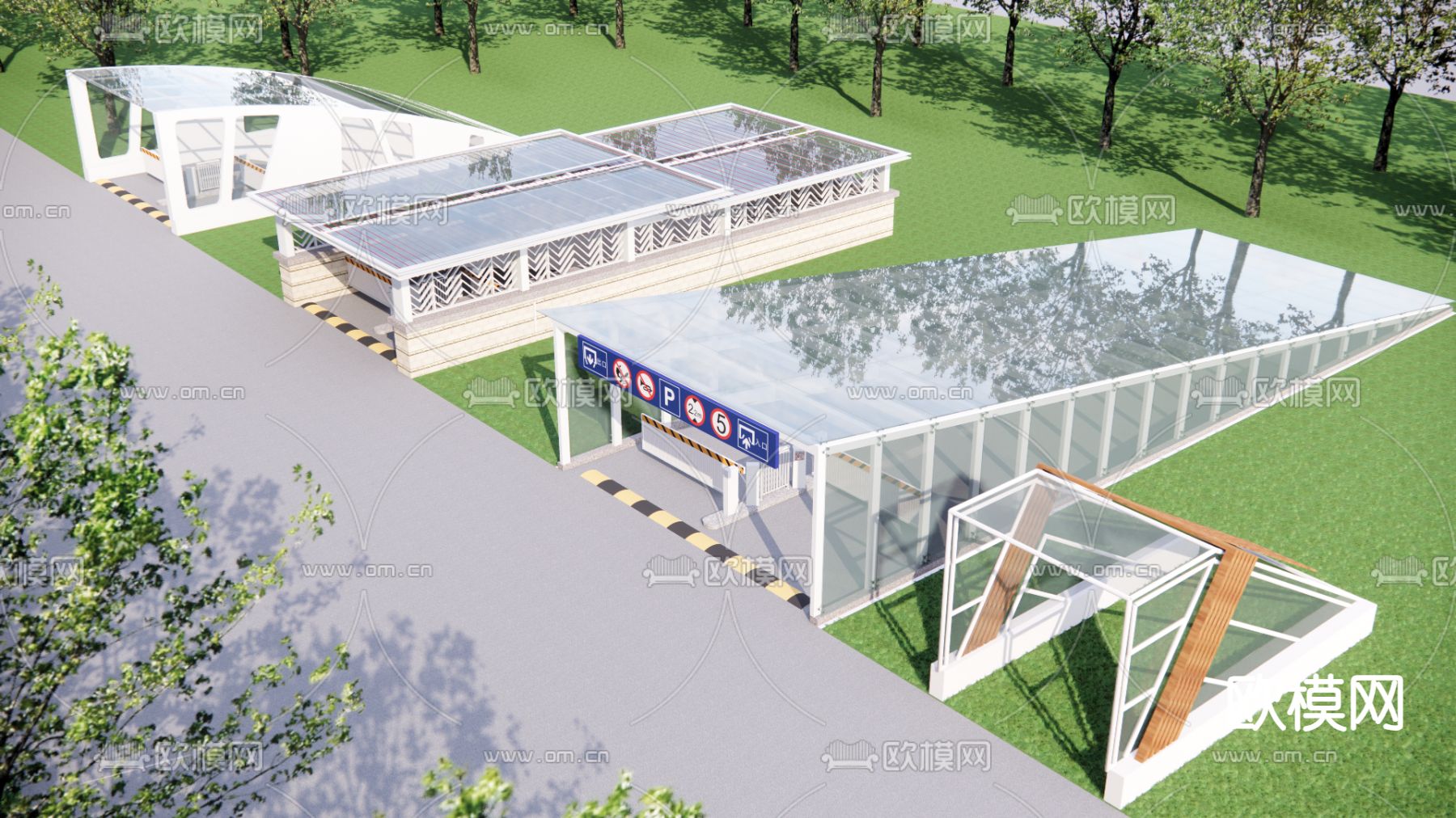 停车场门闸 车库入口su模型下载（渲染图1）