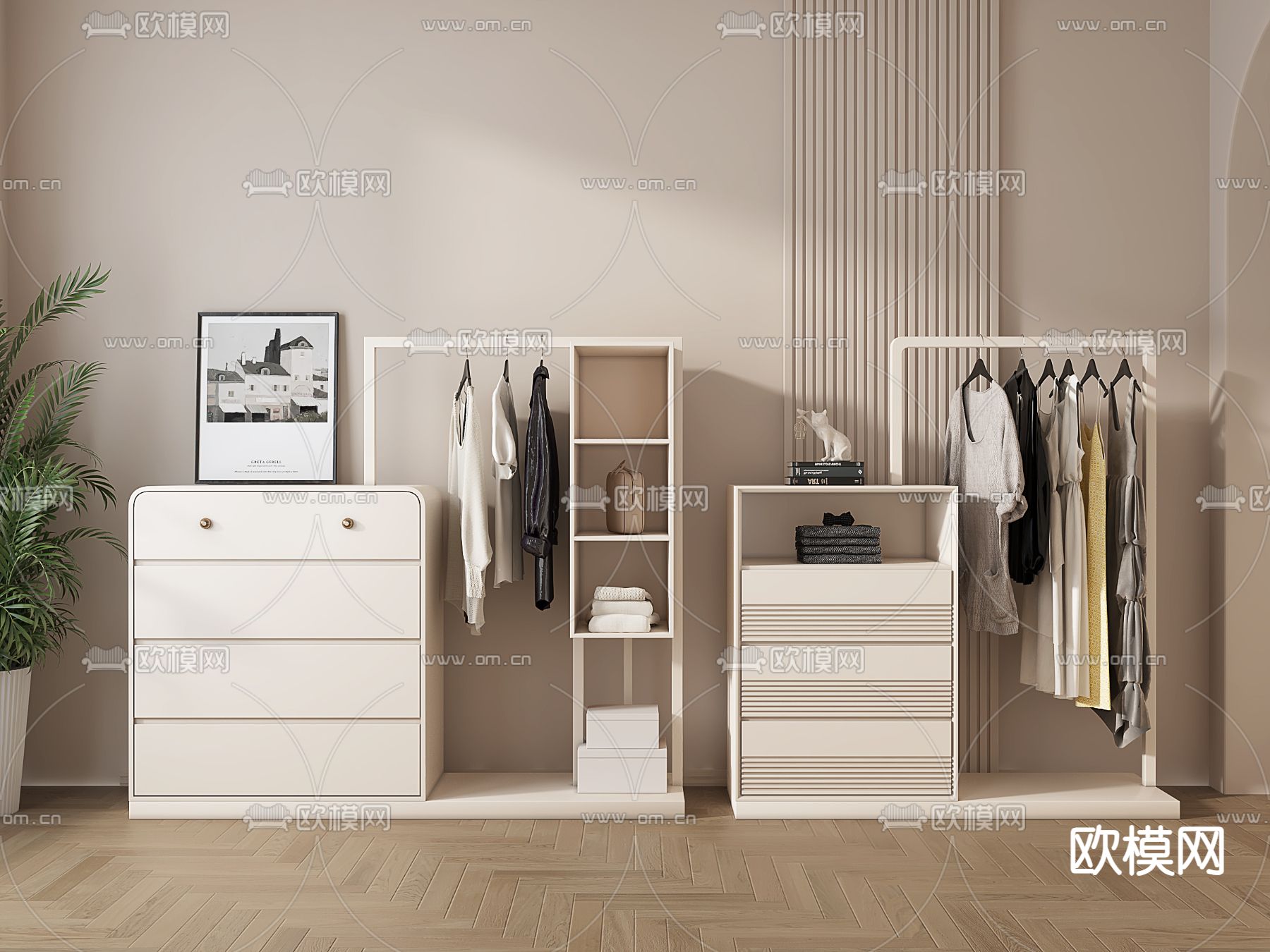 奶油风衣帽架 置物柜su模型下载（渲染图1）