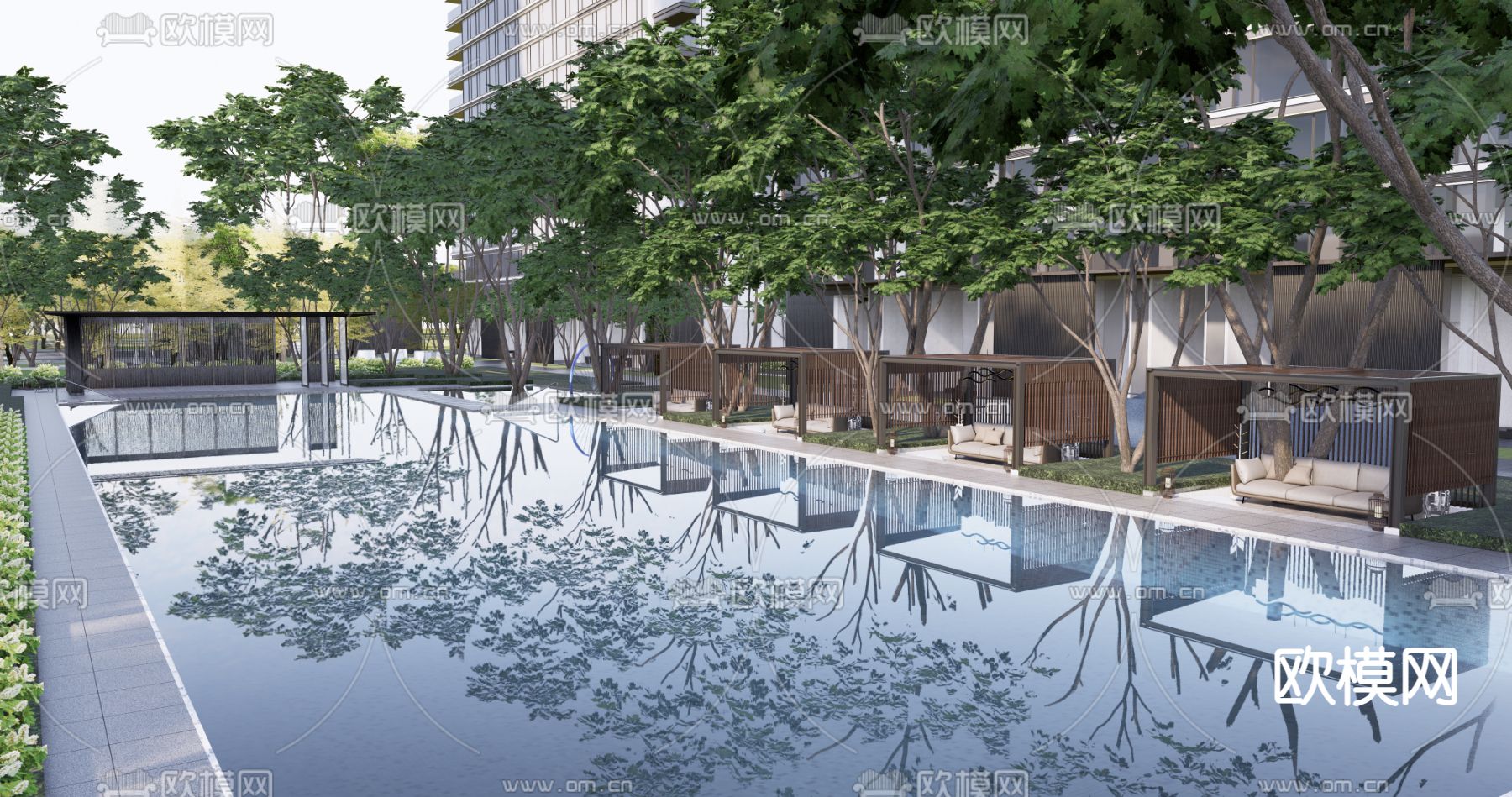 小区游泳池 露天游泳池su模型下载（渲染图1）