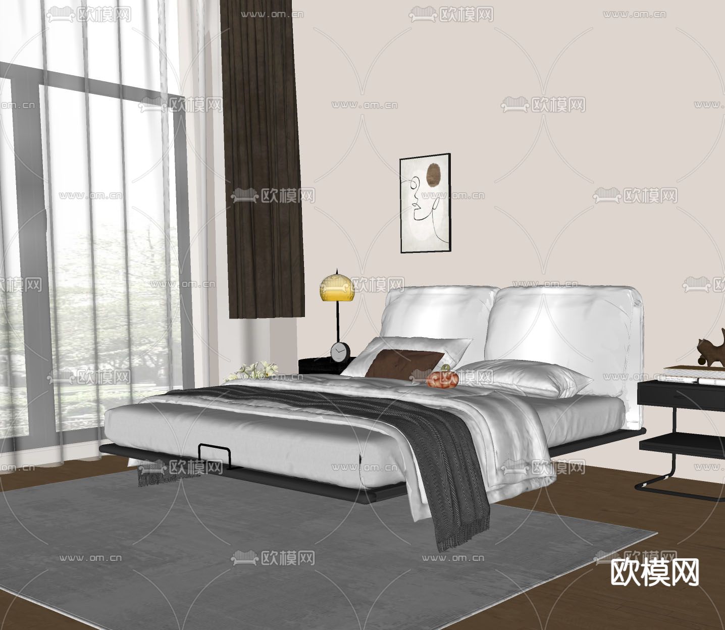 双人床 悬浮床su模型下载（渲染图2）