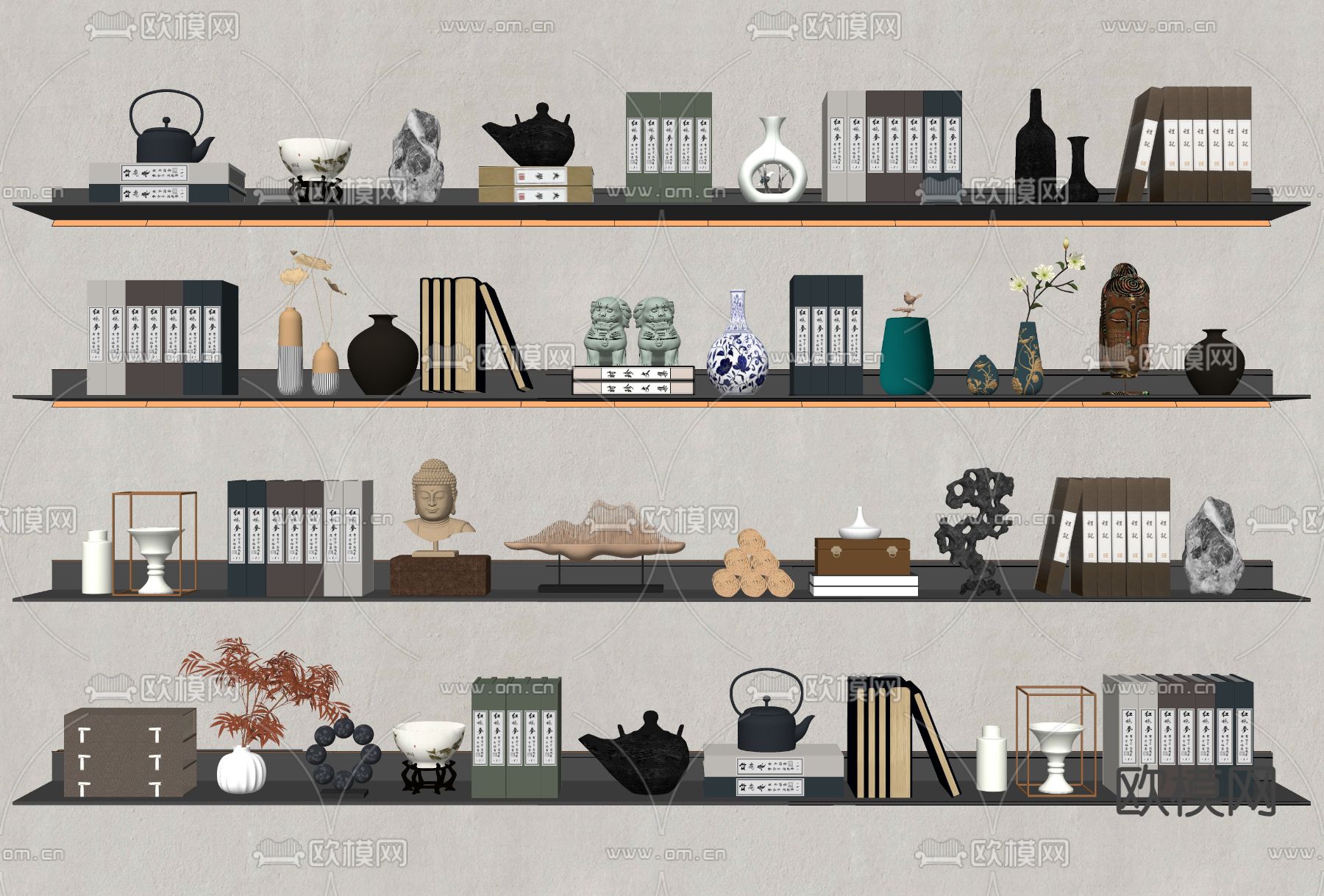 新中式饰品摆件 书籍 茶具su模型