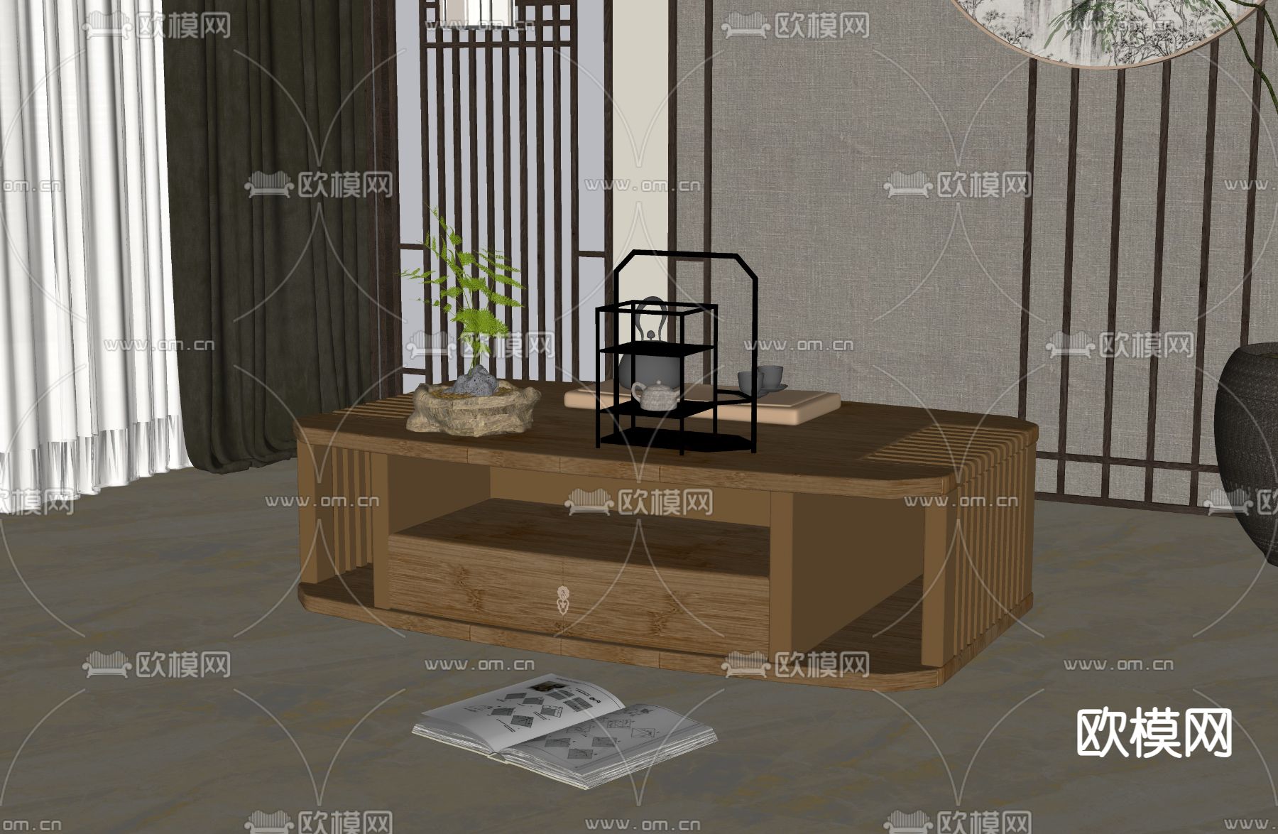 新中式茶几su模型下载（渲染图2）