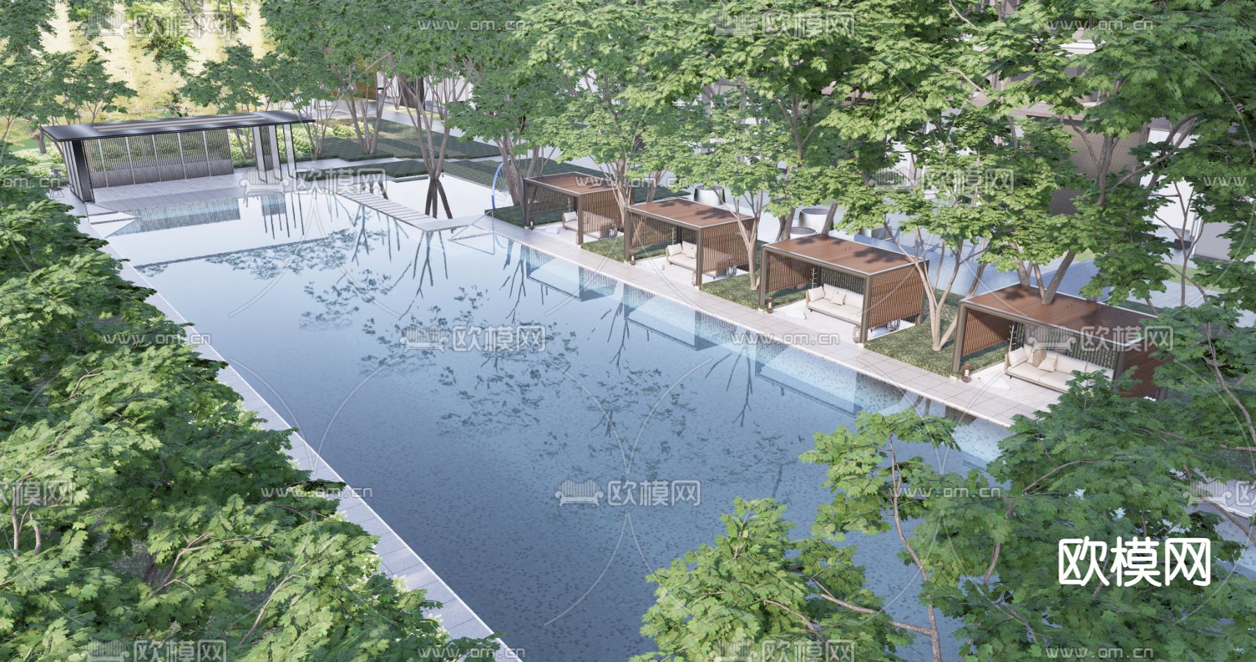小区游泳池 露天游泳池su模型下载（渲染图2）