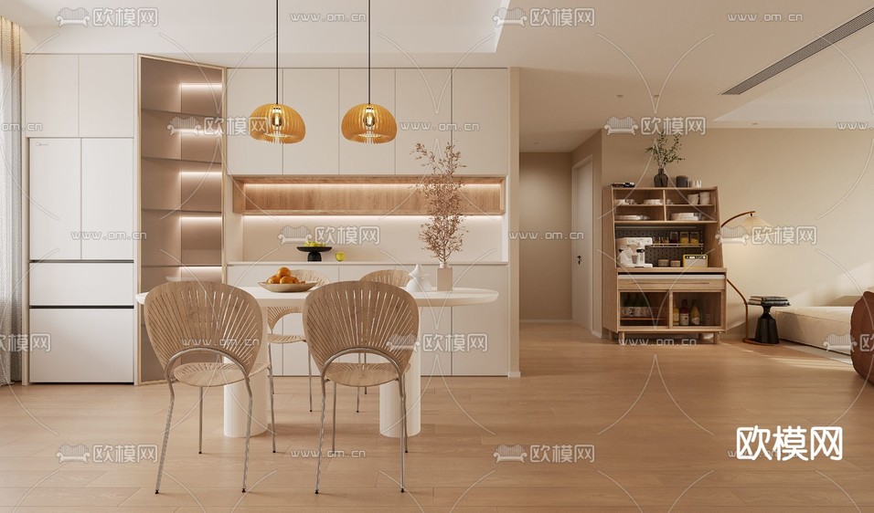 奶油风客厅 餐厅3d模型下载(渲染图2)
