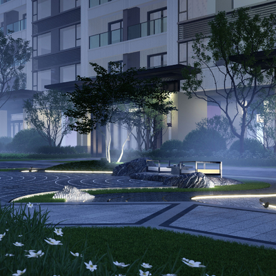  庭院夜景su模型 