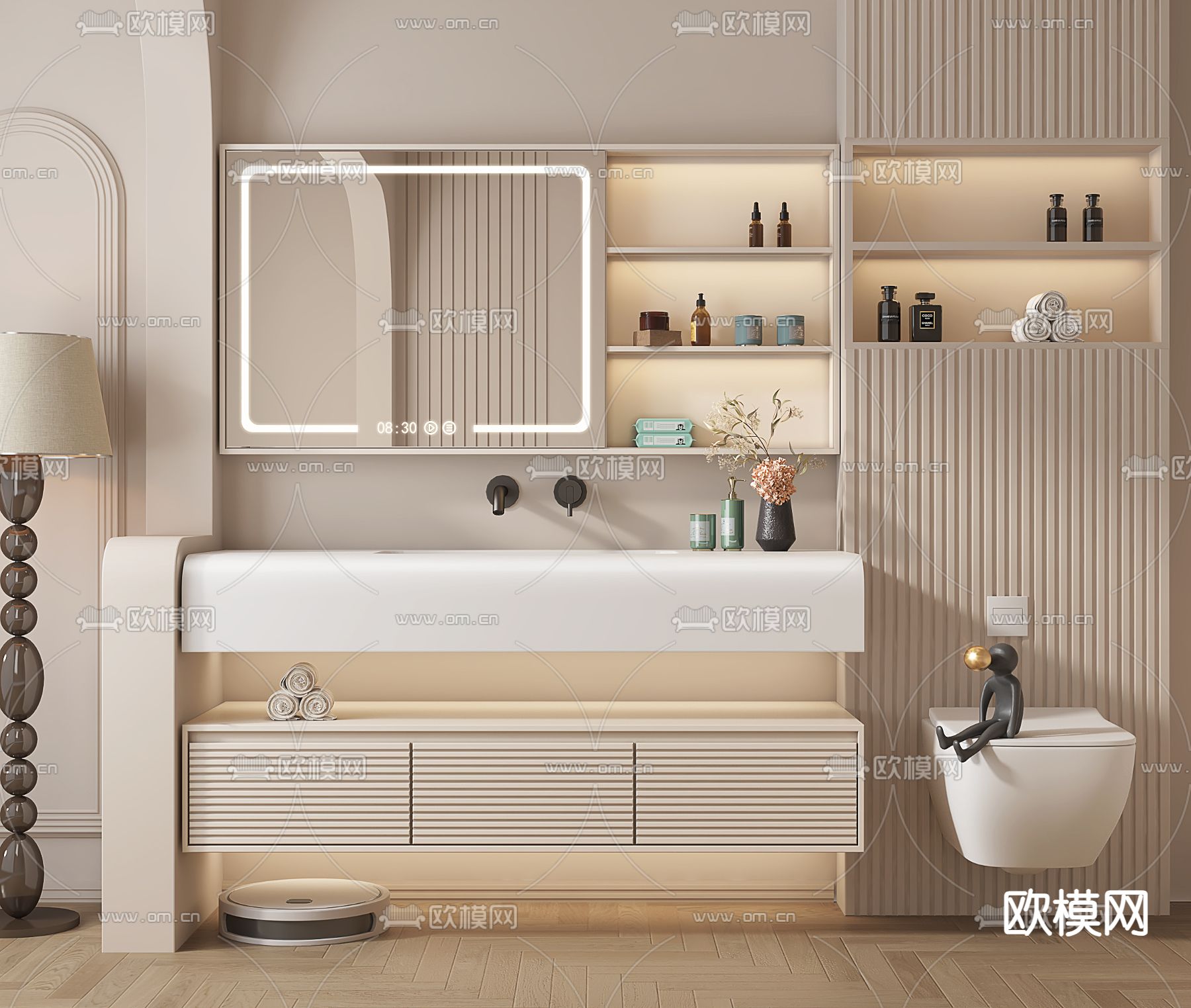 奶油风浴室柜 洗手台su模型下载（渲染图1）