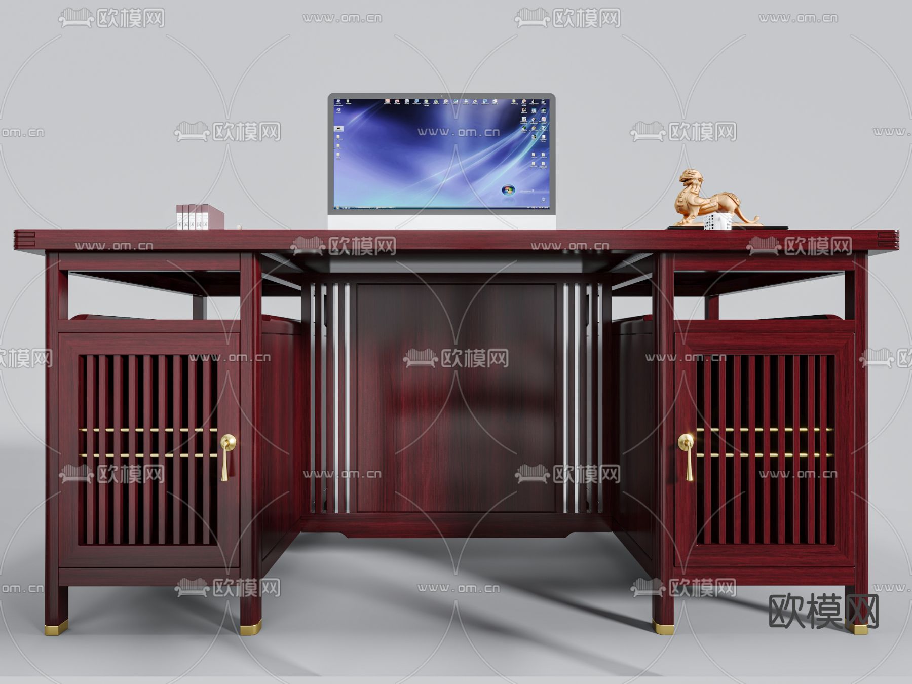 中式办公书桌su模型下载（渲染图1）