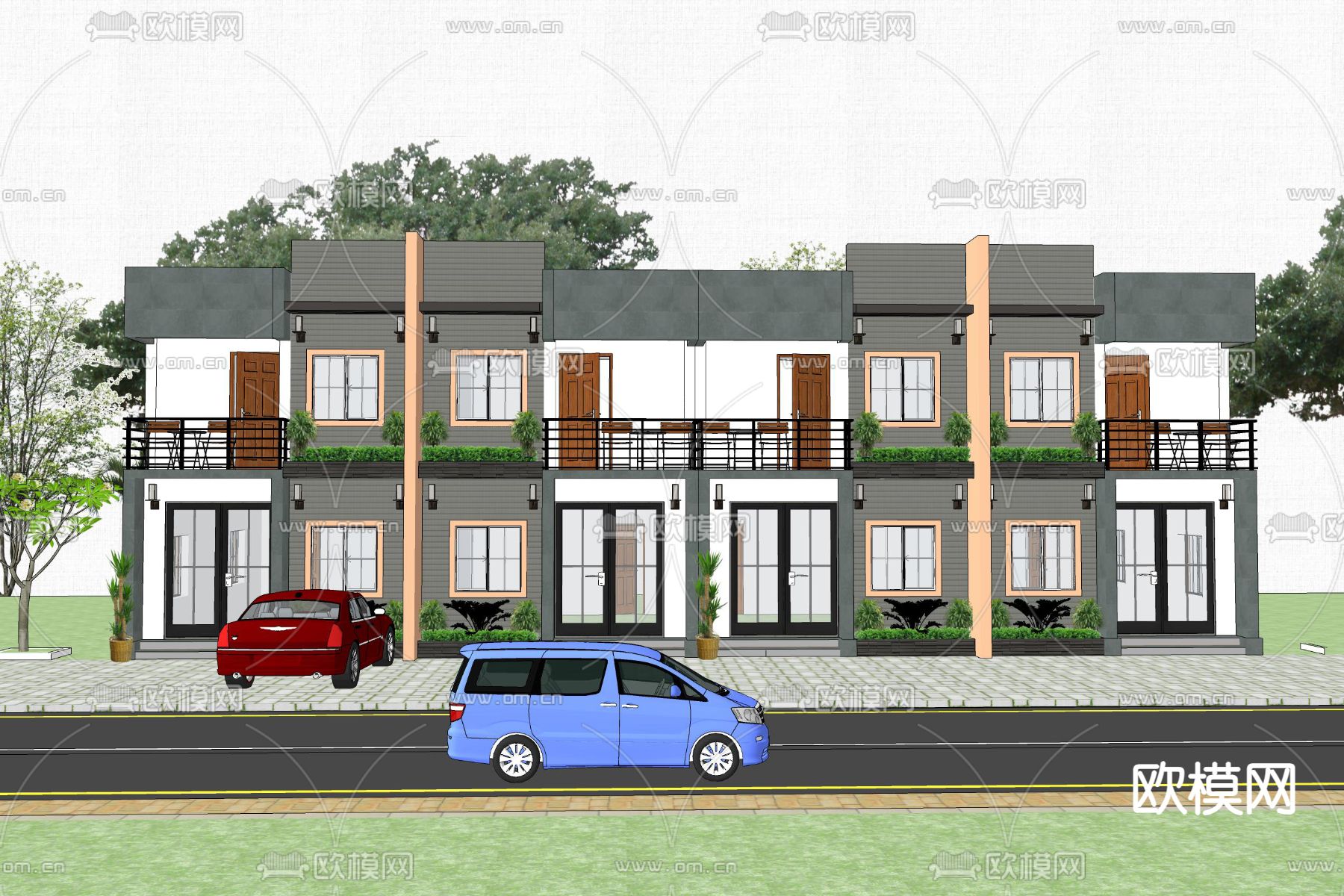 现代联排别墅su模型下载（渲染图2）