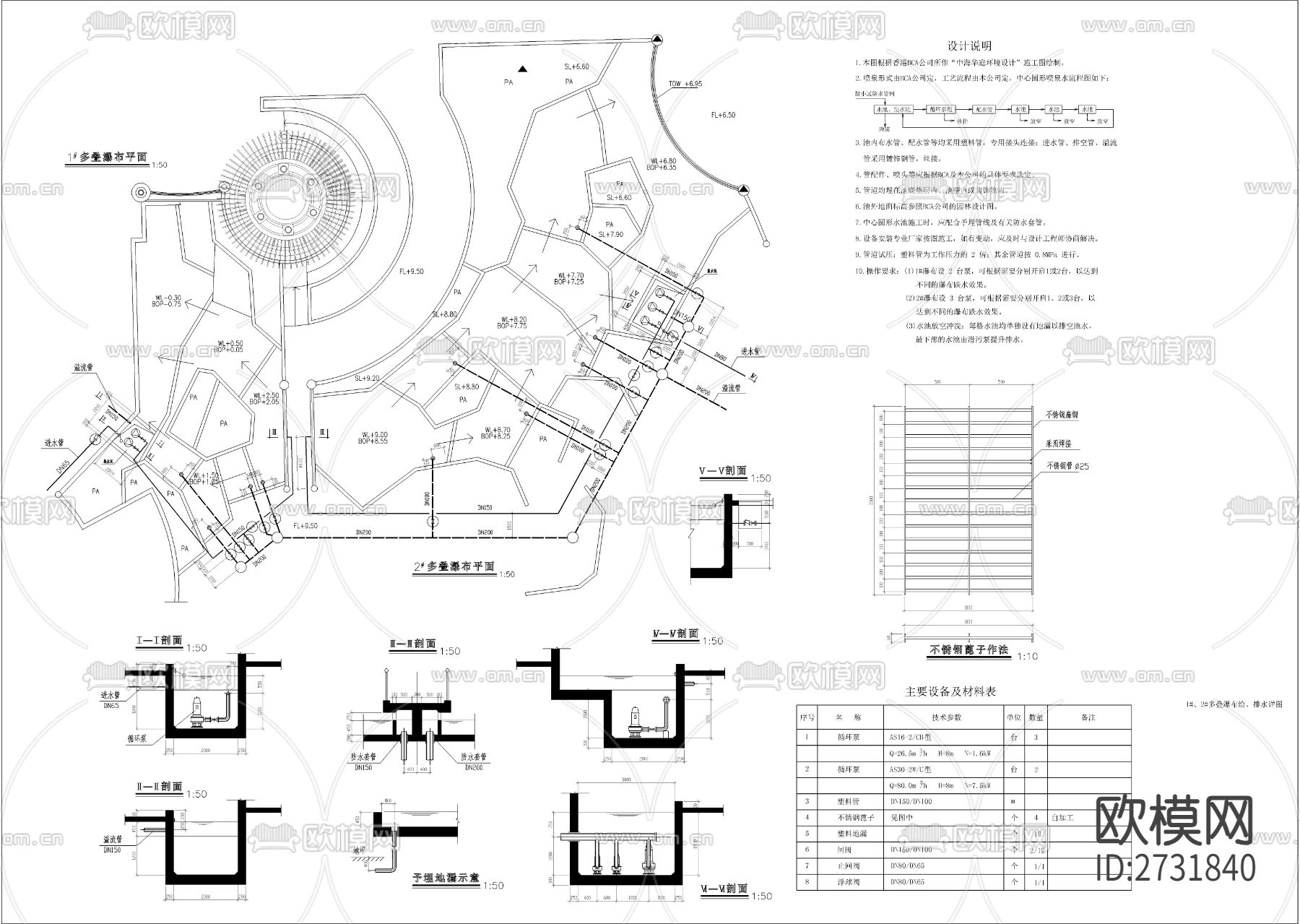 叠瀑鱼形喷泉旱喷泉给排水节点大样下载（渲染图1）