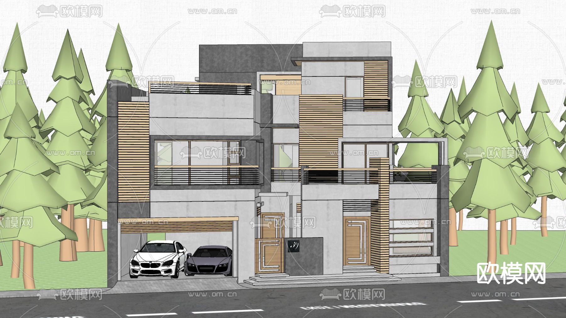 现代独栋别墅su模型下载（渲染图2）