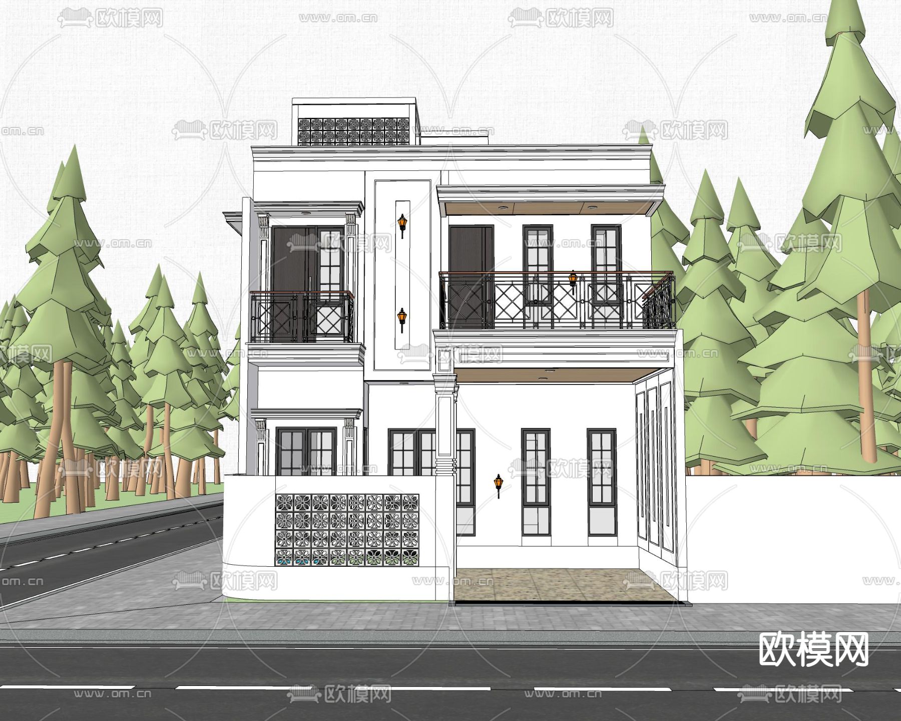 现代独栋别墅su模型下载（渲染图3）