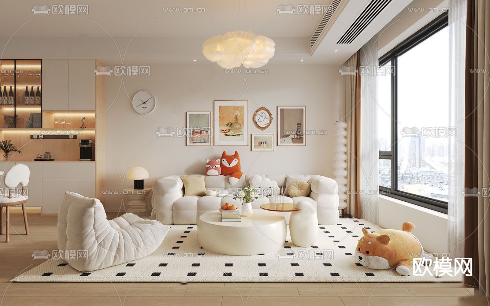 奶油风客厅su模型下载（渲染图1）