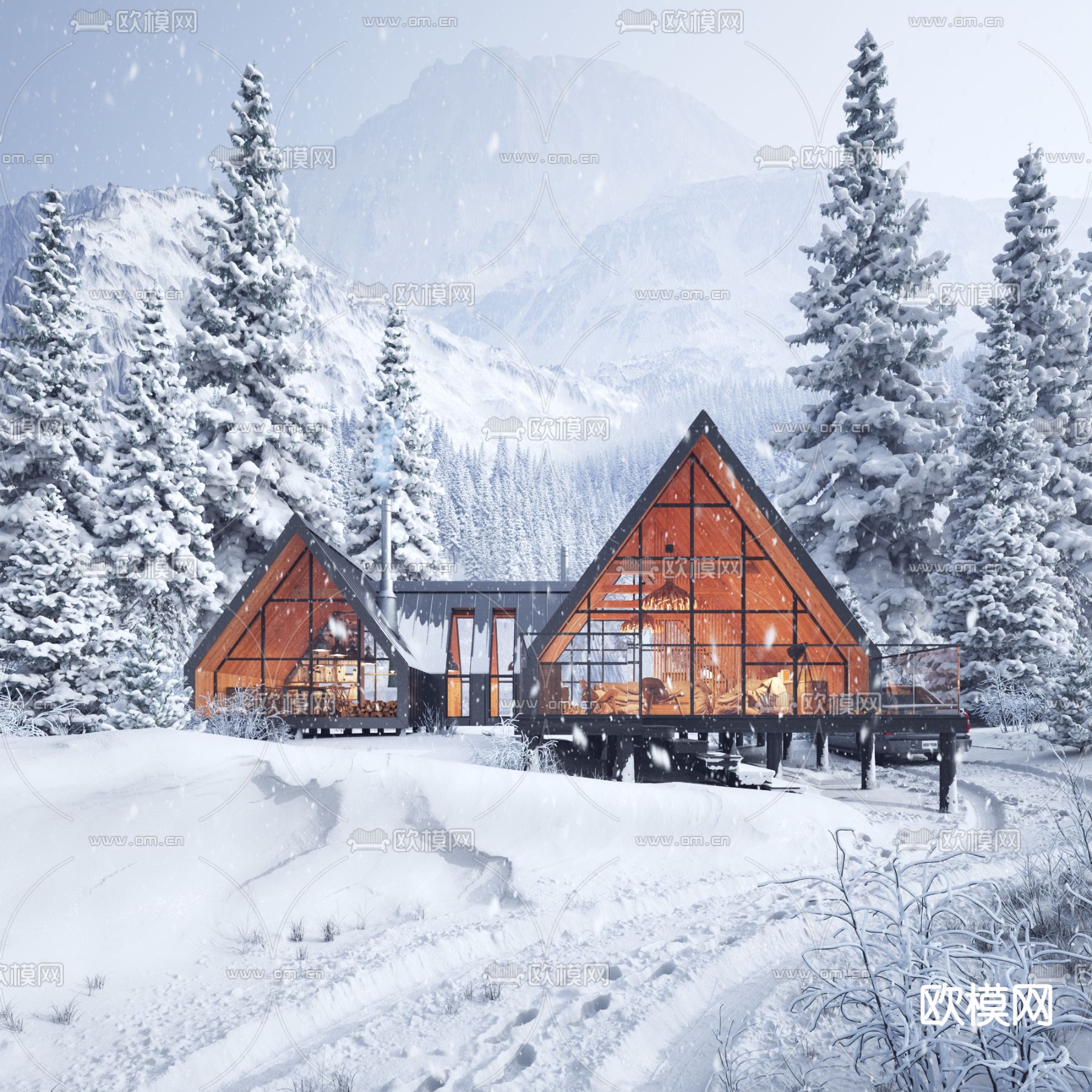 林中别墅 雪景3d模型下载（渲染图2）