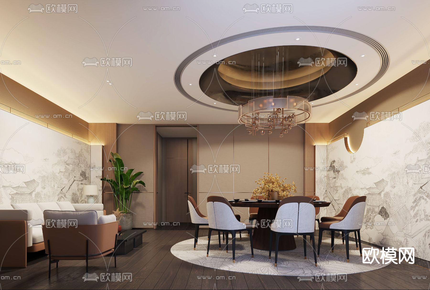 新中式餐厅包房su模型下载（渲染图1）