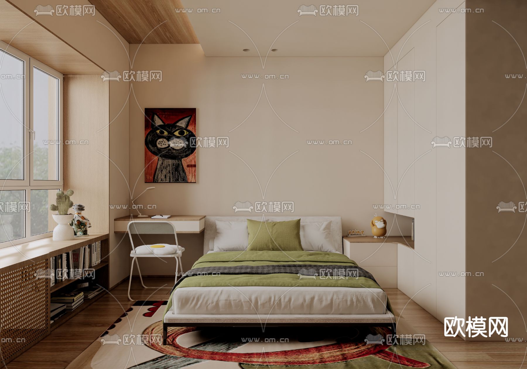 奶油风卧室 主人房su模型下载（渲染图1）