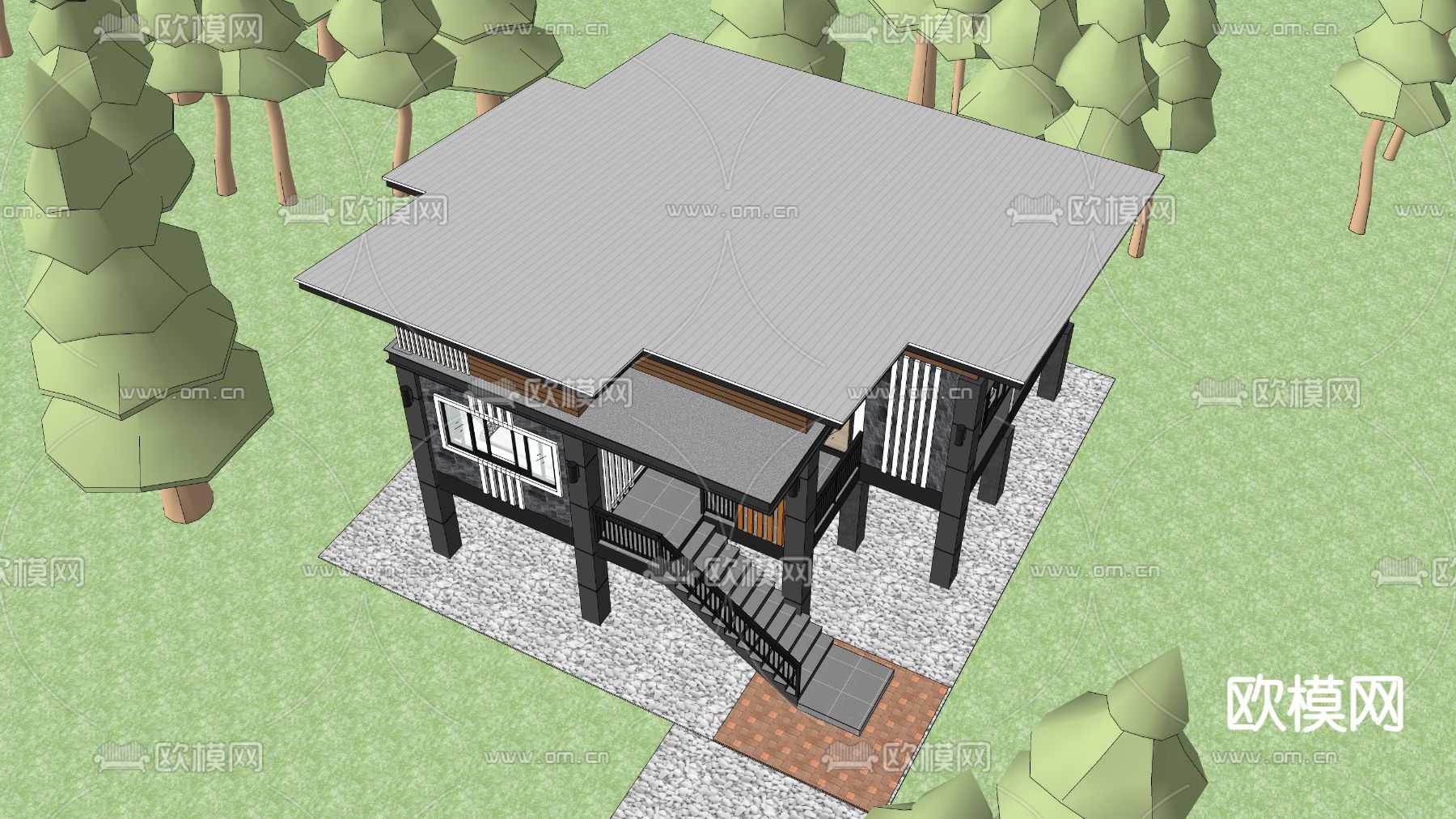 民宿建筑 木屋 度假别墅su模型下载（渲染图3）