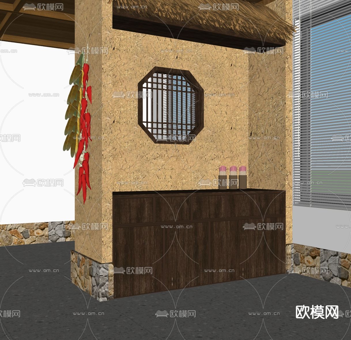 新中式乡村风餐边柜su模型下载（渲染图2）