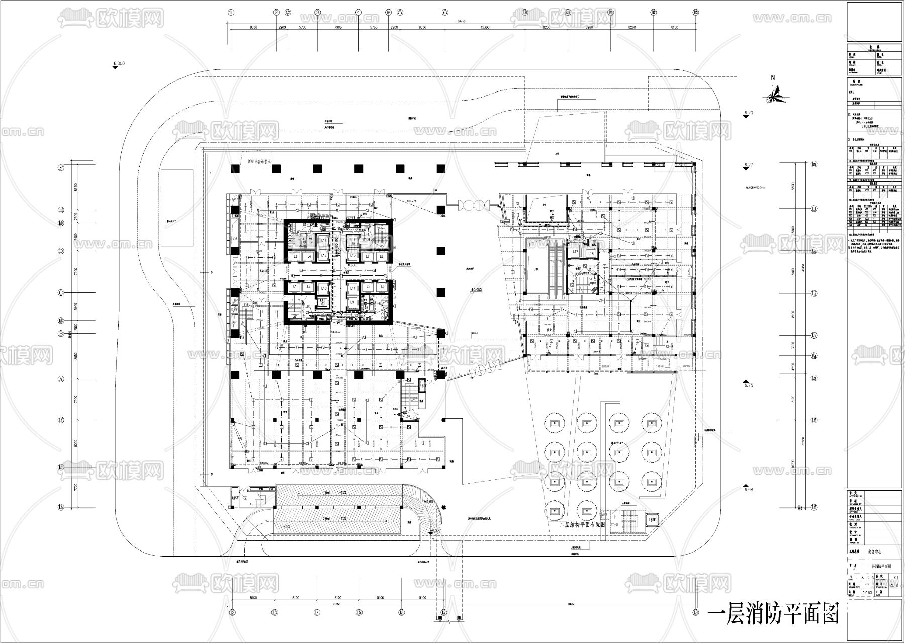 商务中心五层裙房消防cad平面图下载（渲染图3）