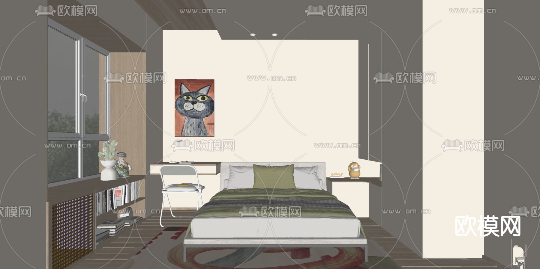 奶油风卧室 主人房su模型下载（渲染图2）