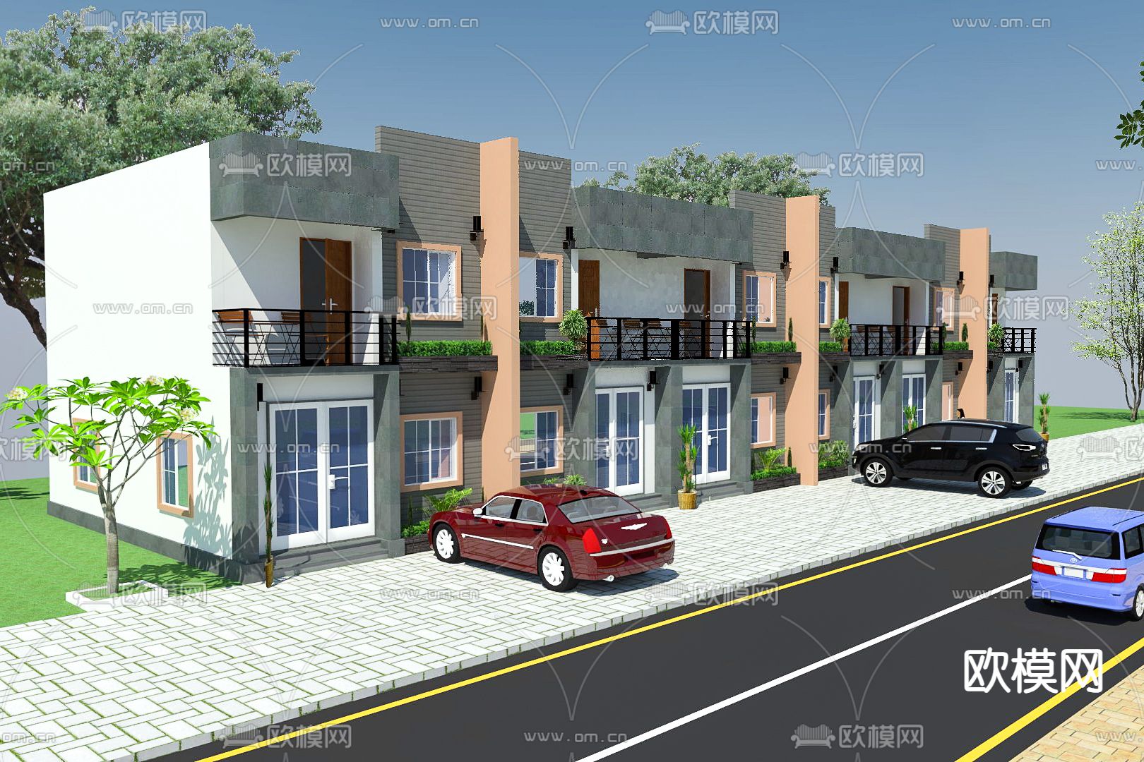 现代联排别墅su模型下载（渲染图1）