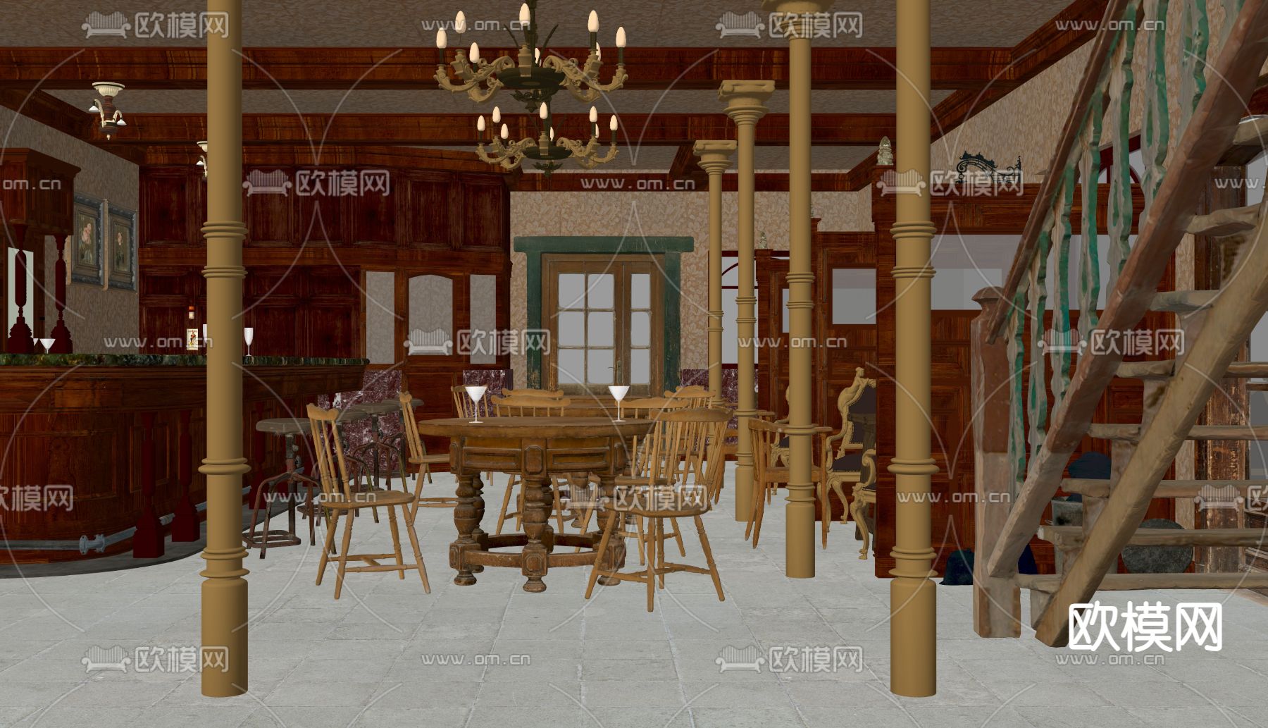 美式酒吧餐厅su模型下载（渲染图4）