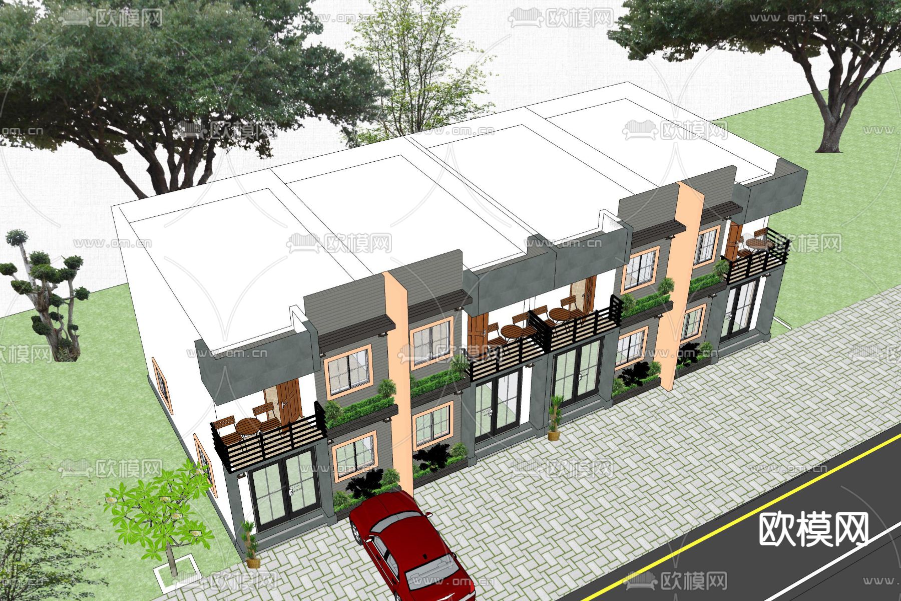 现代联排别墅su模型下载（渲染图3）